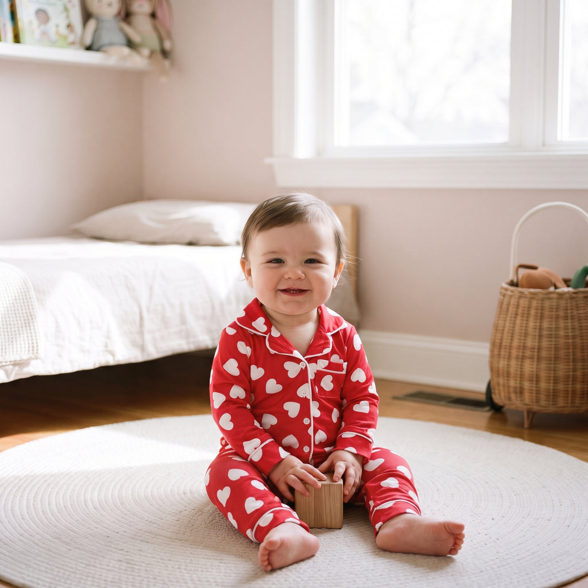 Bébé assis portant la combinaison rouge à cœurs blancs Image