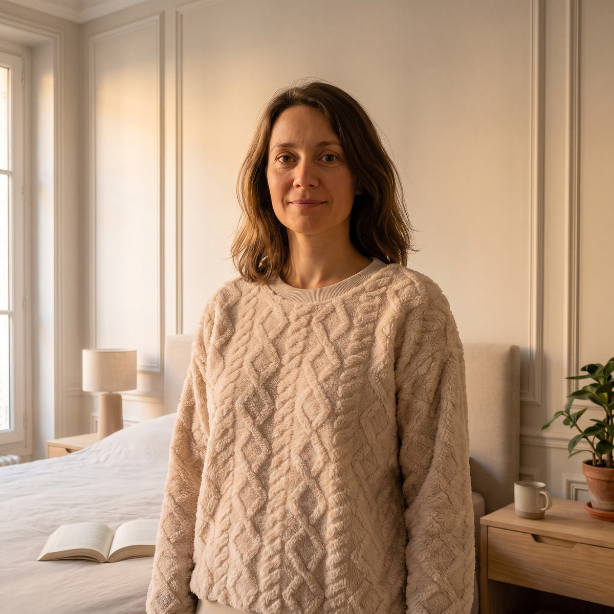 Col rond et bord-côte du pyjama beige en coton effet tricot, porté Image
