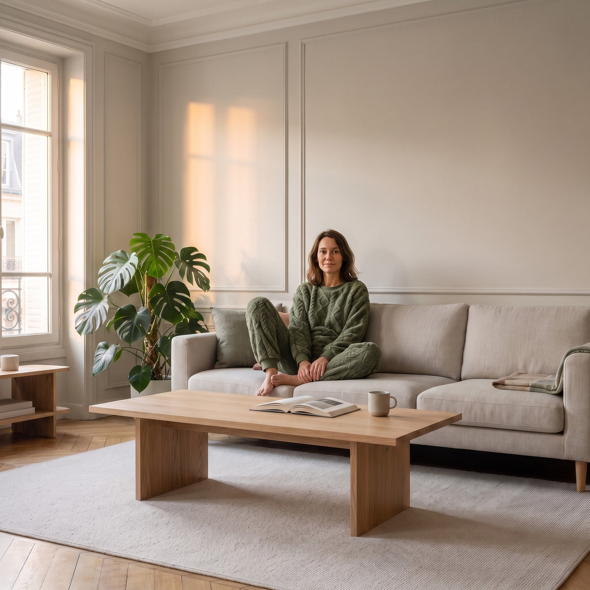 Femme assise sur le canapé du salon dans son pyjama vert en coton effet tricot Image