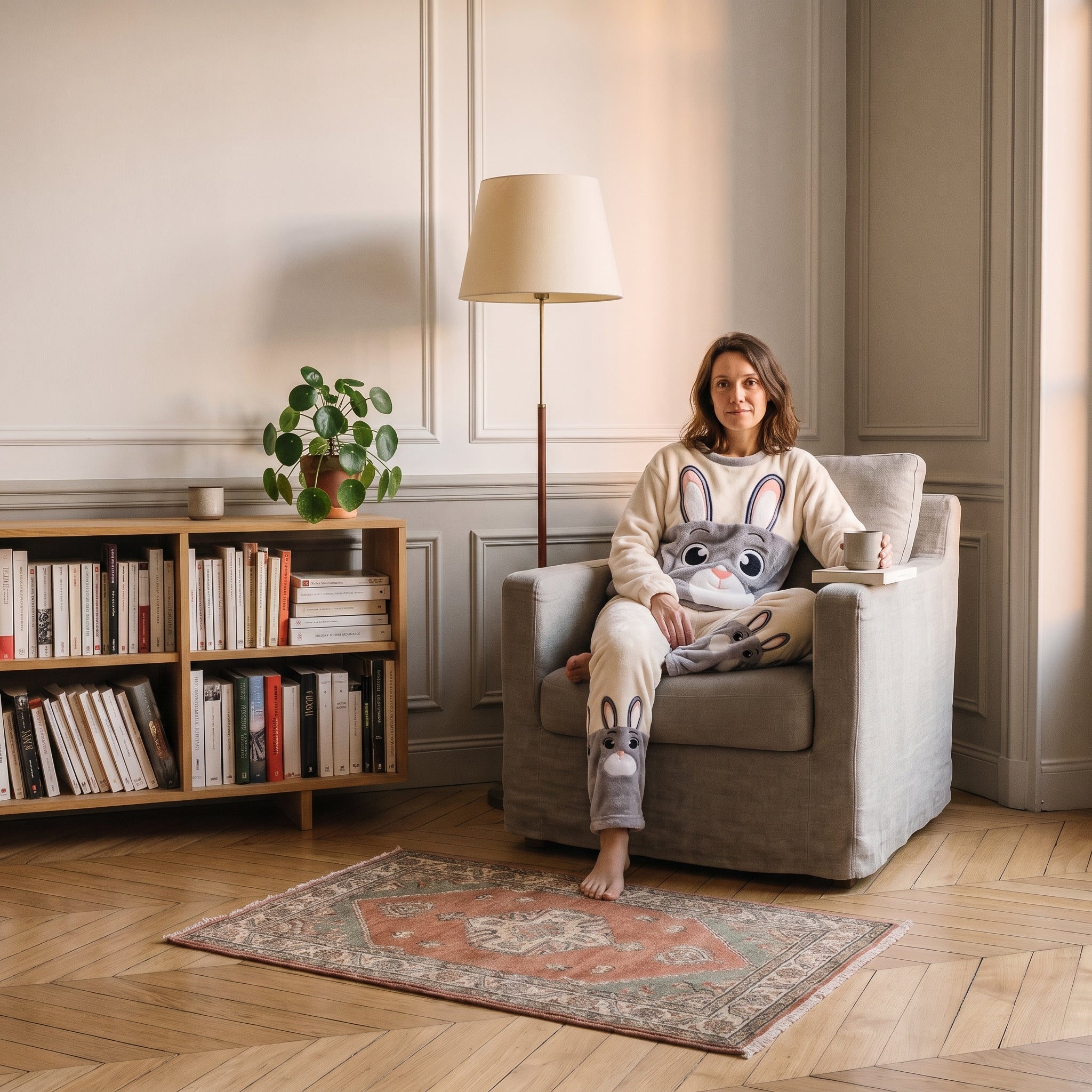 Femme assise dans le fauteuil de lecture en pyjama chaud lapin gris Image