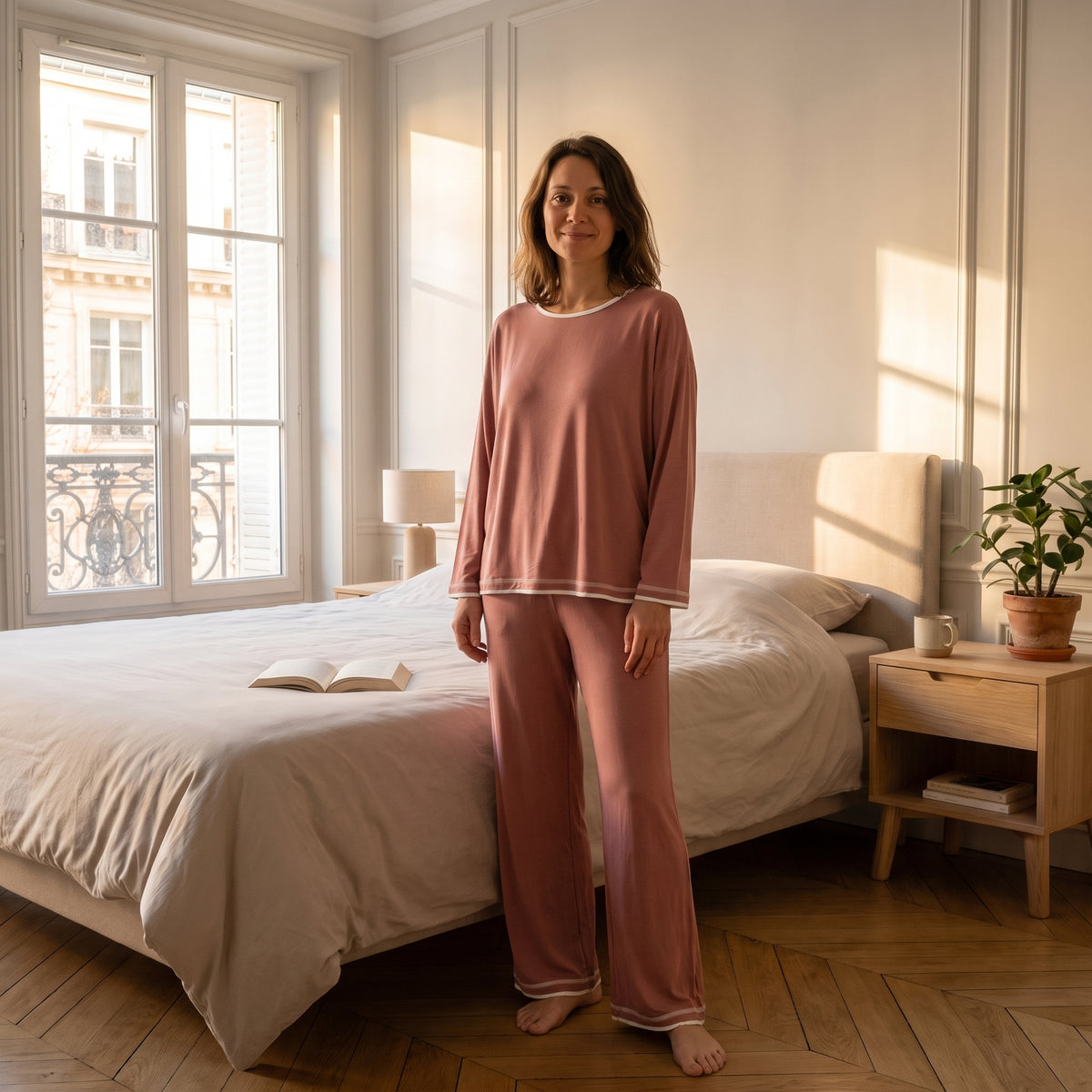 Pyjama cocooning coton et modal rose, porté par une femme dans sa chambre Image