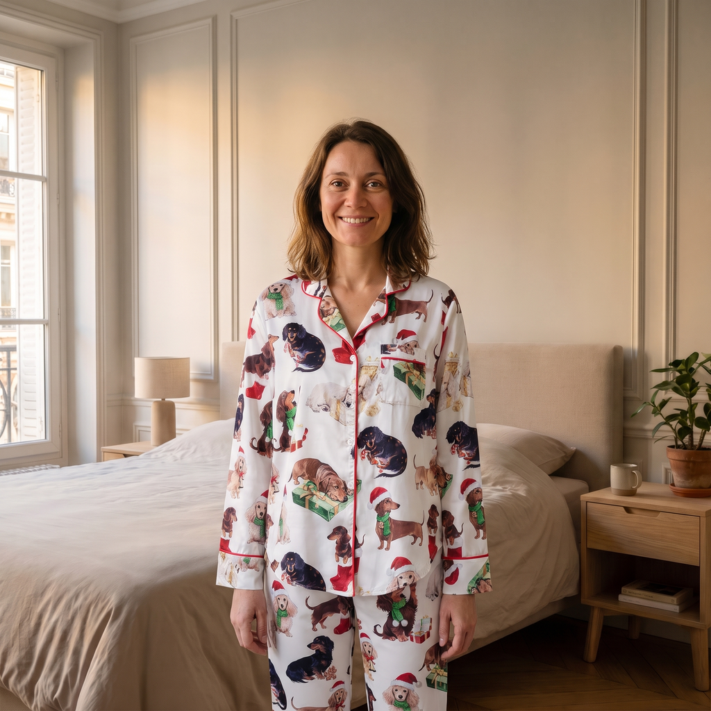 Pyjama de Noël femme à chiens porté dans une chambre lumineuse