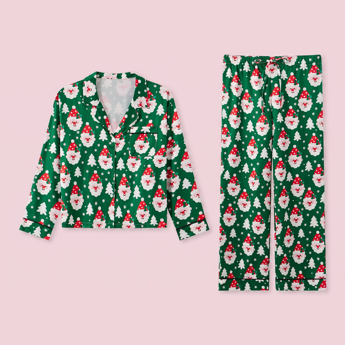 Pyjama de Noël femme vert en ghost sur fond uni rose poudré