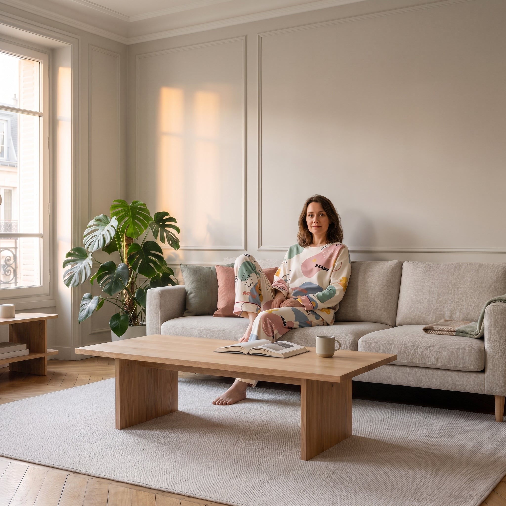 Pyjama deux pièces coton à motifs pastel, moment de détente sur le canapé Image