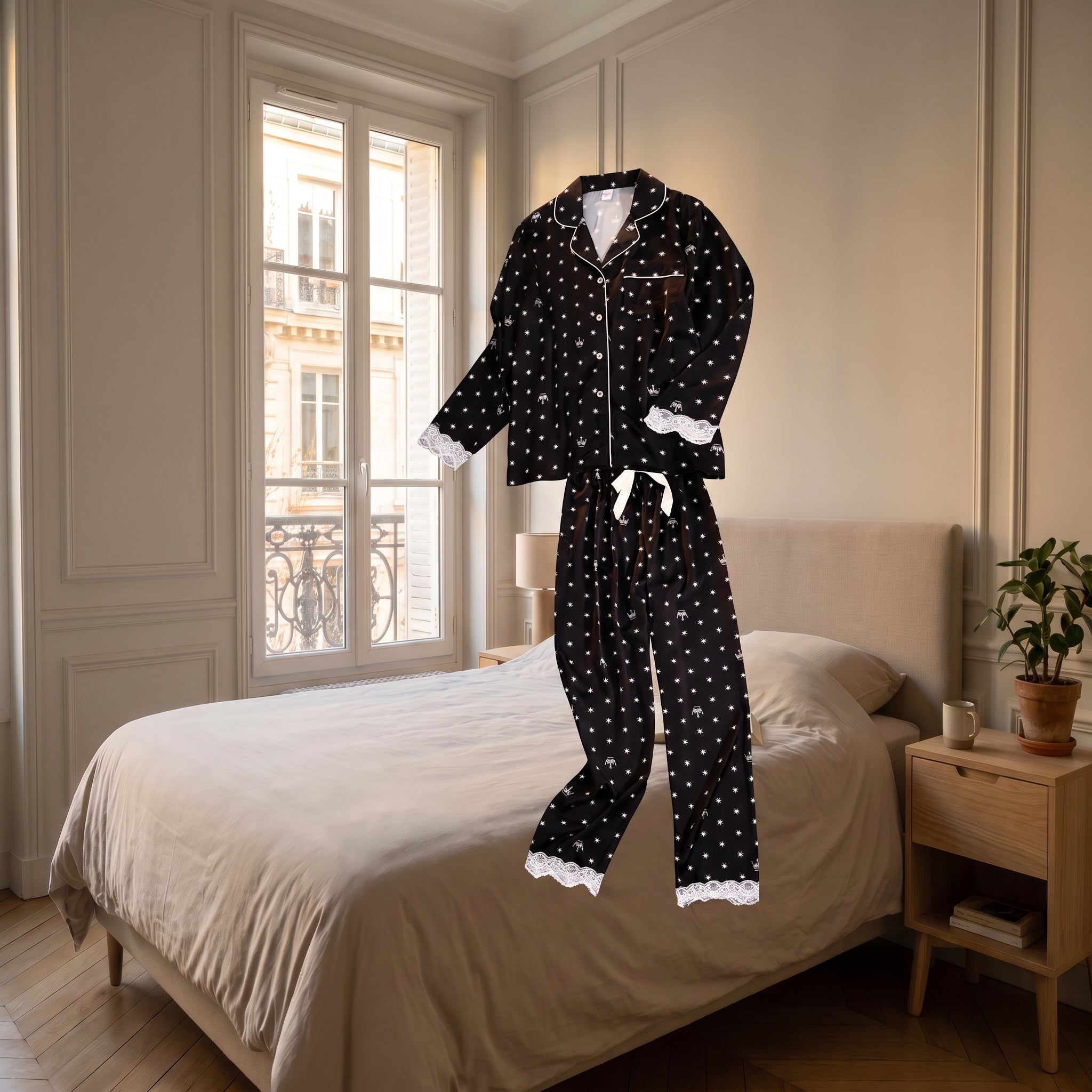 Pyjama en satin et dentelle noir sans corps, montrant la coupe Image