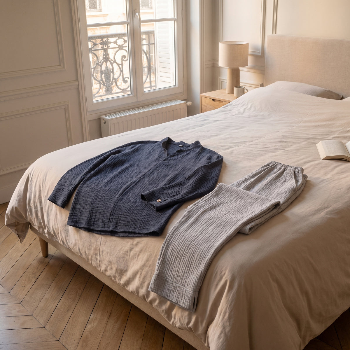 Le haut bleu ardoise et le pantalon gris clair du pyjama en double gaze posés au pied du lit d'une chambre Image