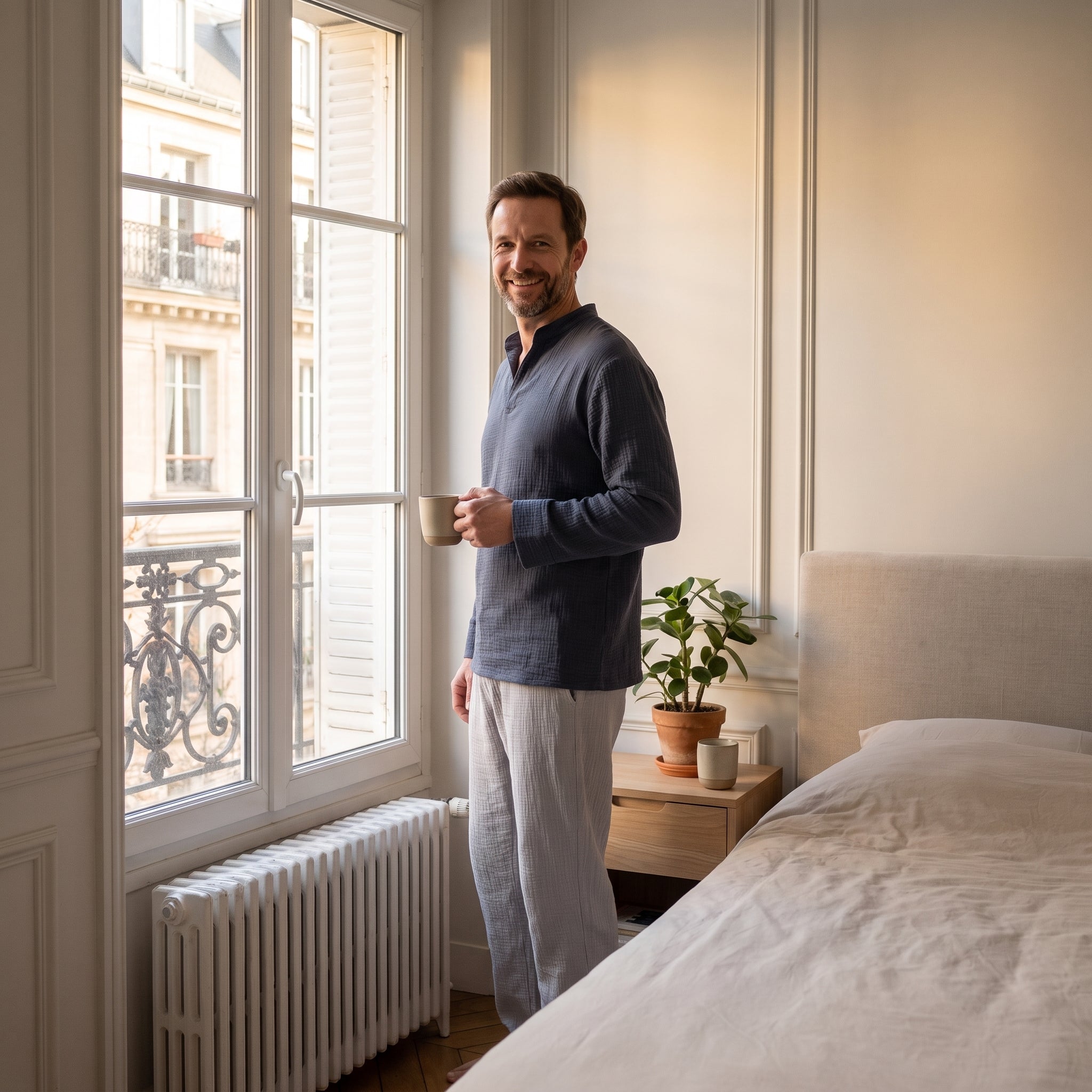 Homme en pyjama de double gaze de coton debout près de la fenêtre de sa chambre, une tasse à la main Image