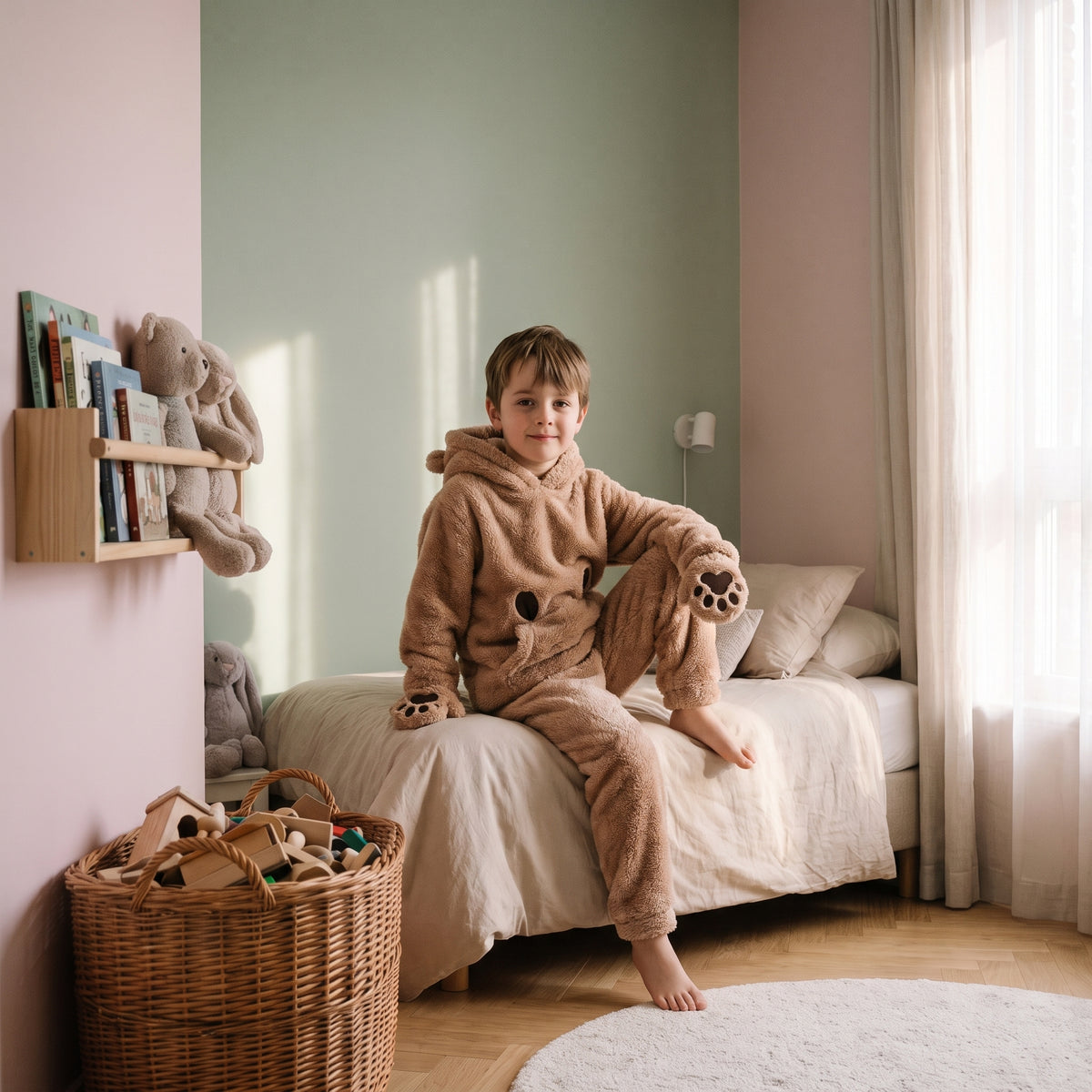 Enfant assis portant le pyjama en flanelle à capuche ours brun Image