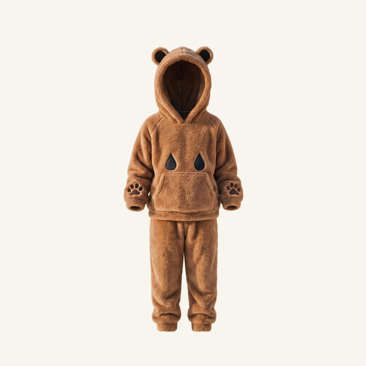 Pyjama enfant brun à capuche ours présenté seul sur fond blanc cassé uni