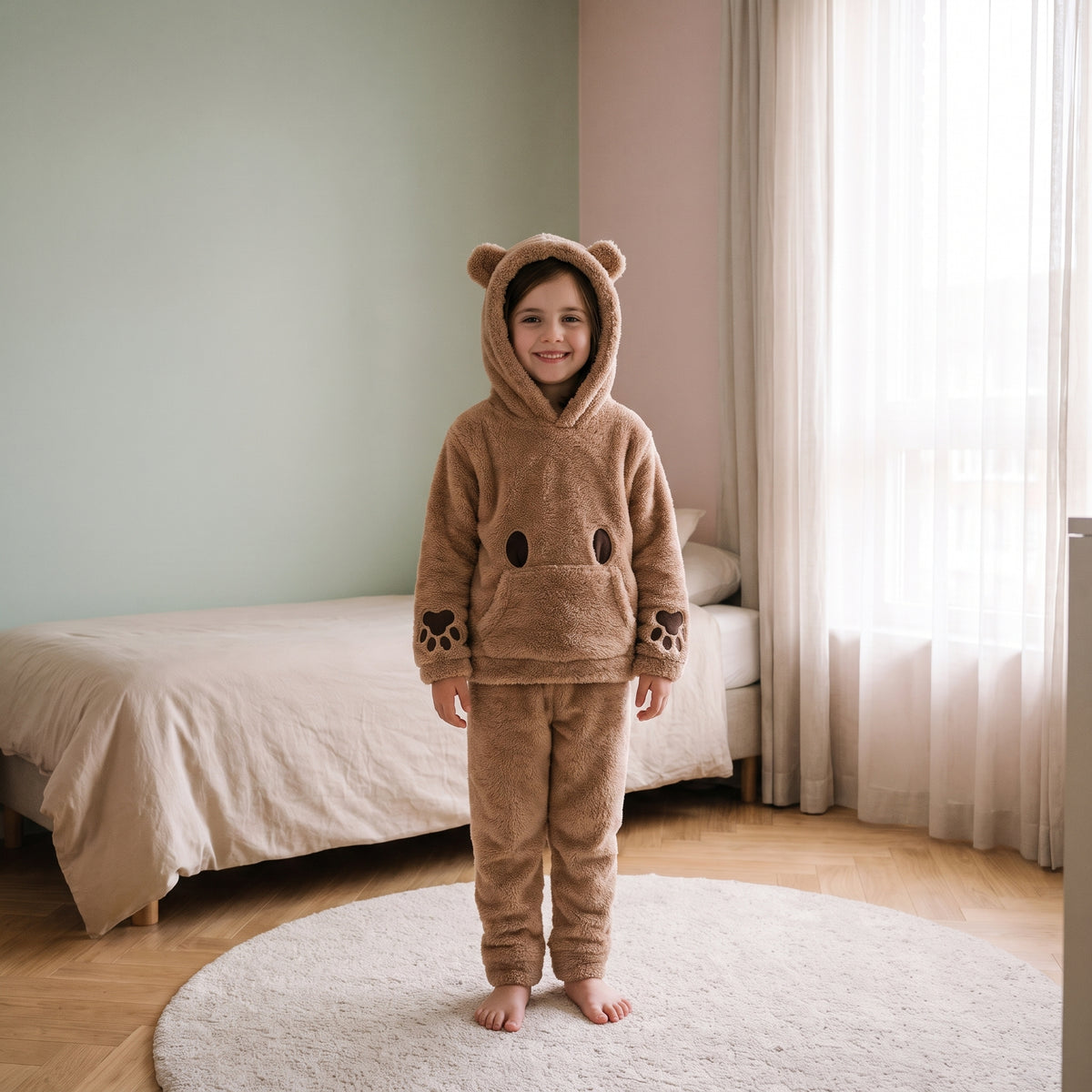 Petite fille portant le pyjama enfant brun à capuche ours et pantalon uni