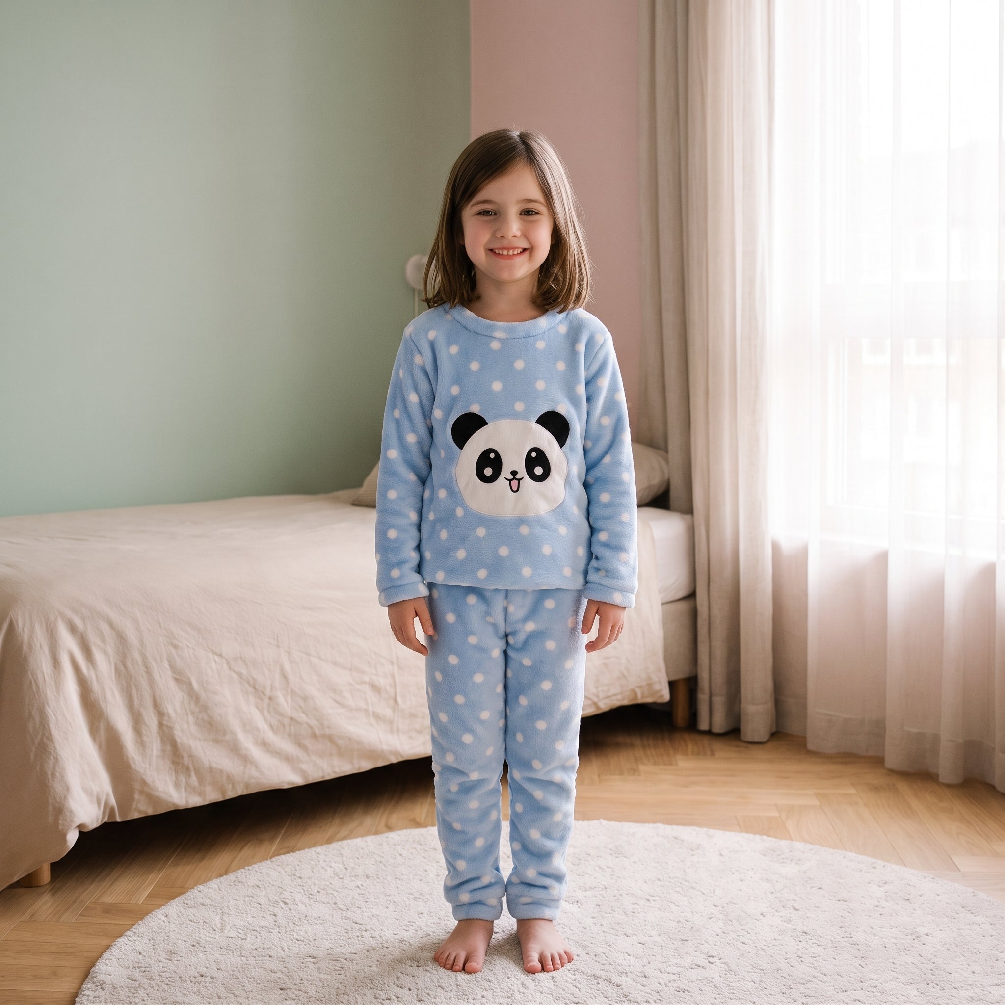 Enfant portant le pyjama en flanelle panda bleu Image