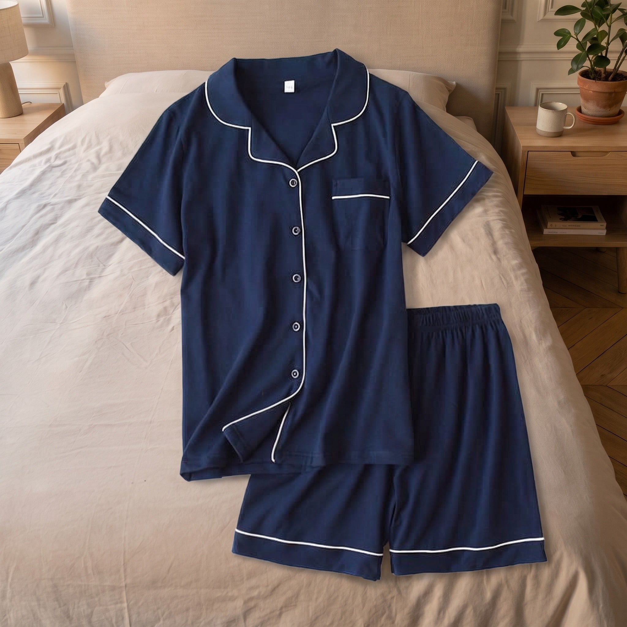 Chemise à manches courtes et short du pyjama d'été en coton bleu marine dépliés sur le lit Image
