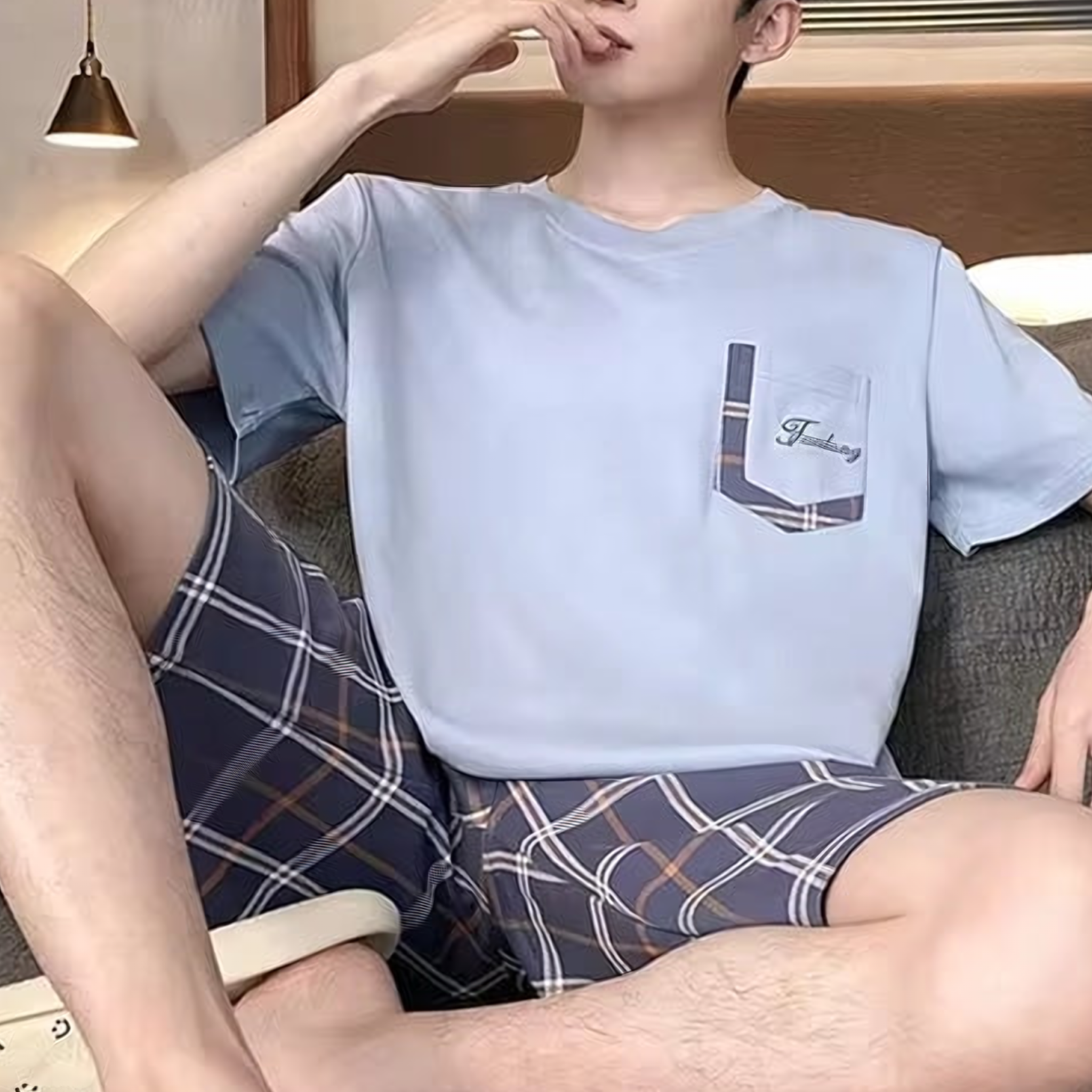 Détail réel du pyjama d'été homme à carreaux bleus, Bleu clair à carreaux marine Image