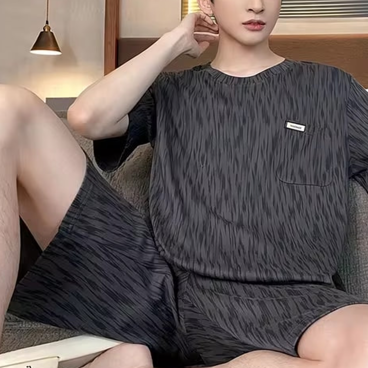 Détail réel du pyjama d'été homme graphique noir et gris, Anthracite à traits irréguliers Image