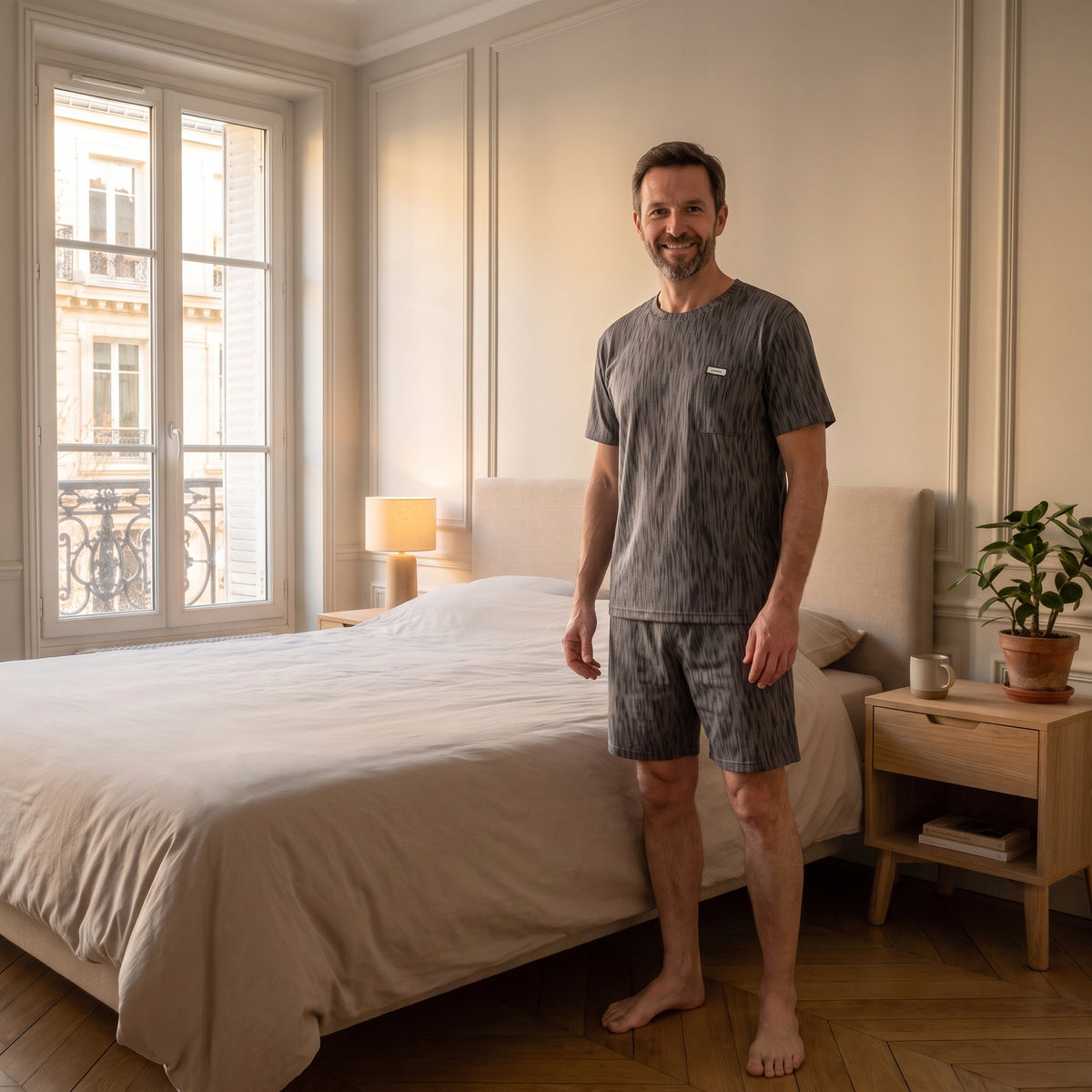 Mannequin Cocooning portant le pyjama homme, modèle Anthracite à traits irréguliers