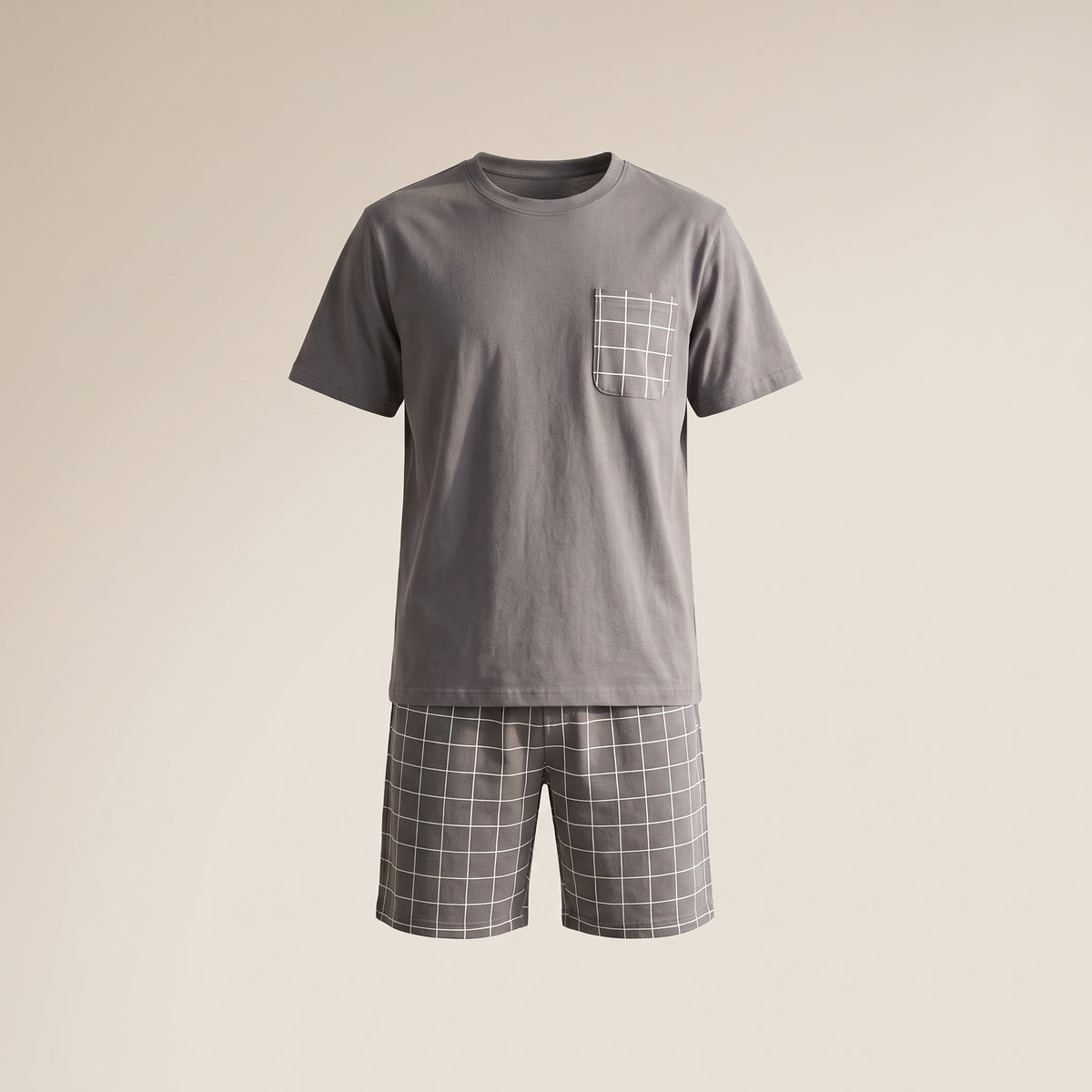 Vue ghost du pyjama d'été homme gris avec poche et short à carreaux fins
