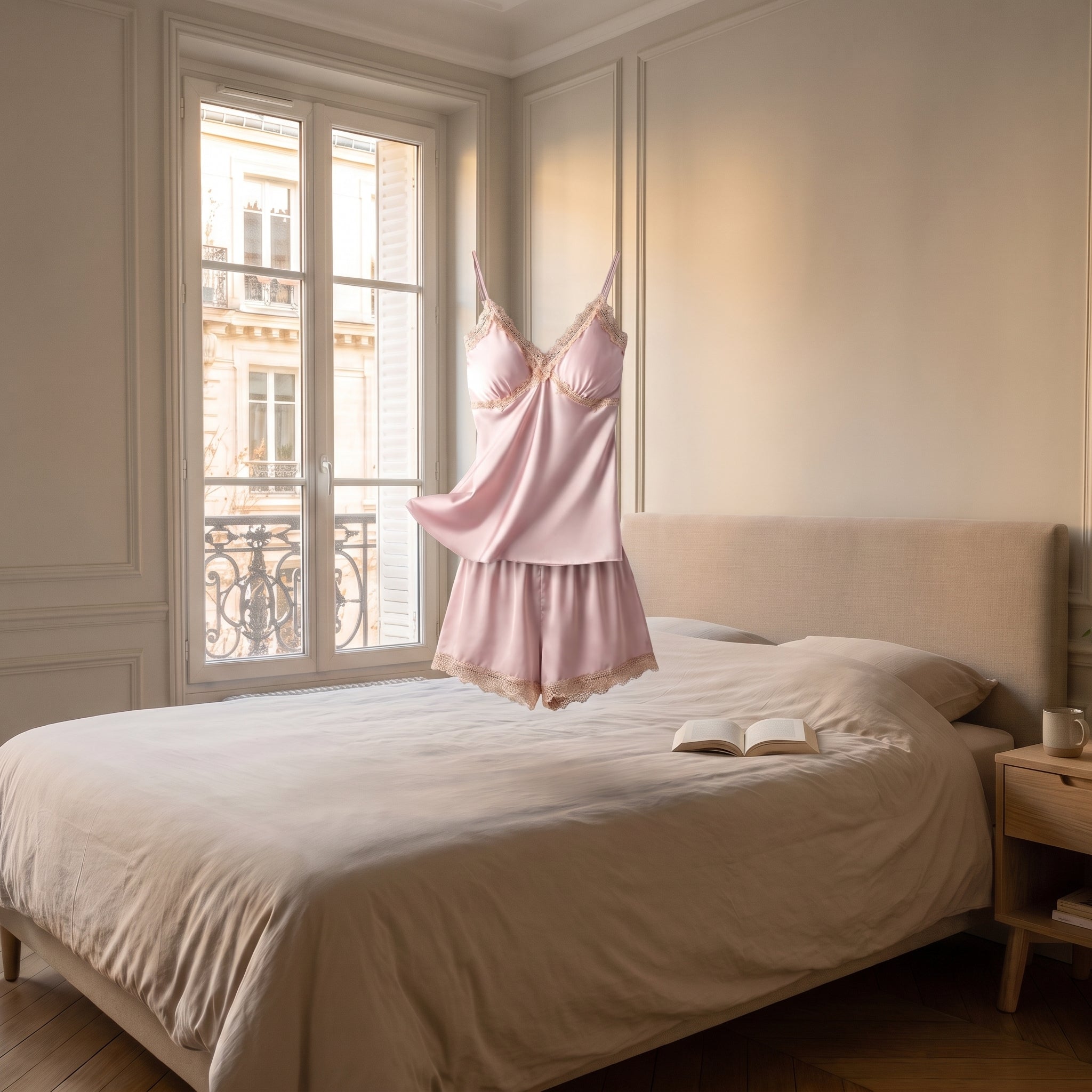 Pyjama en dentelle rose clair sans corps, montrant la coupe Image