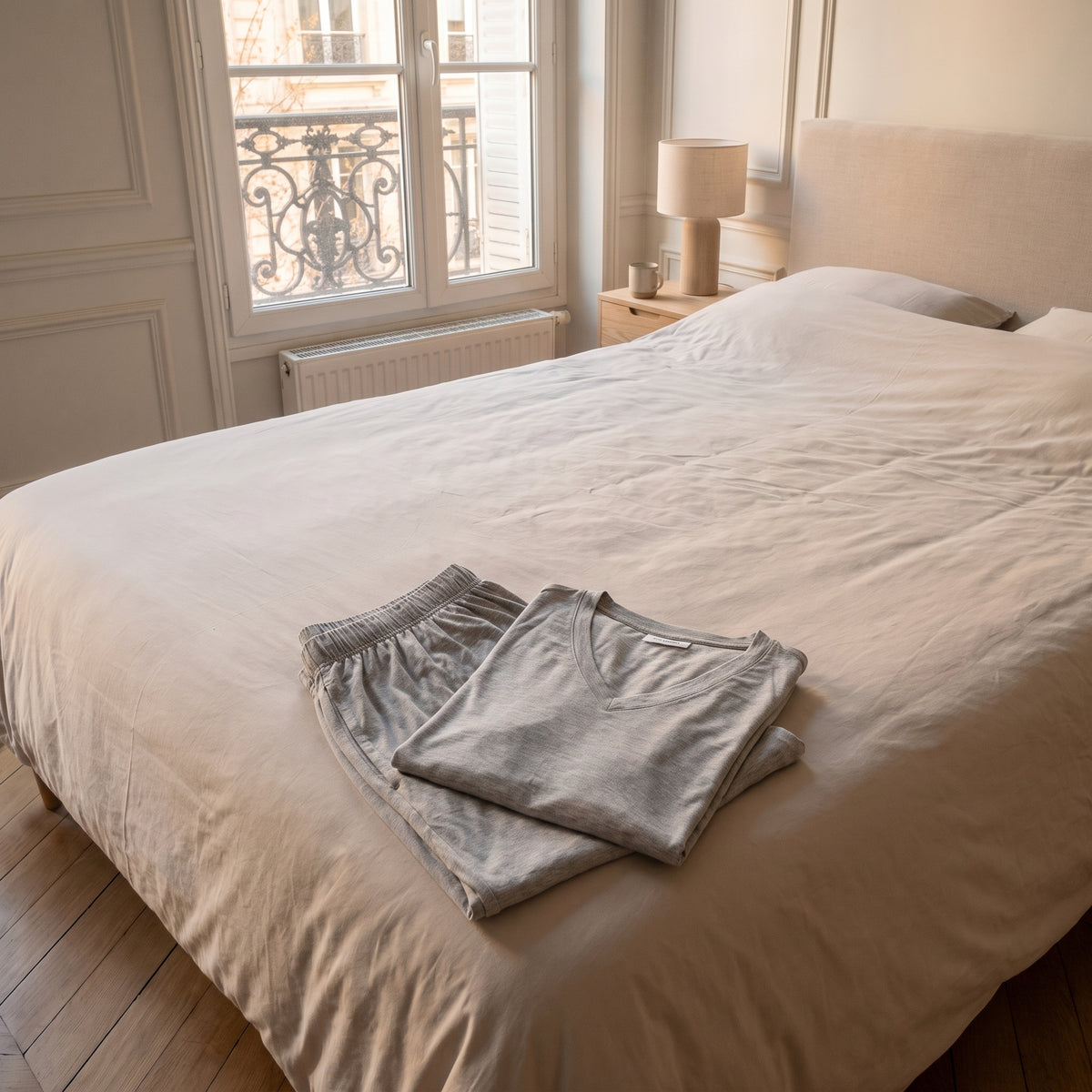 Pyjama d'été en viscose gris chiné plié sur le lit, t-shirt et short Image