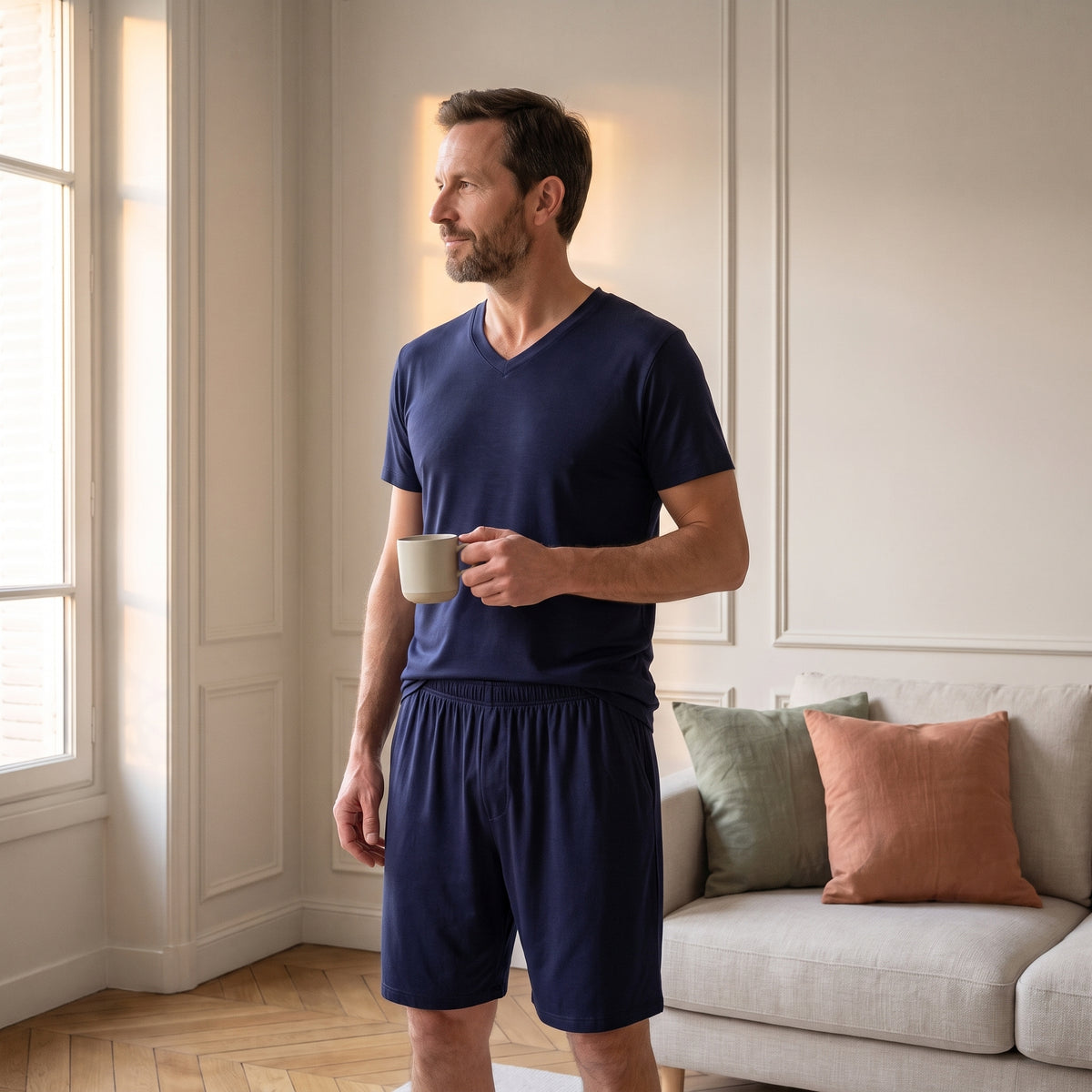 Homme en pyjama d'été en viscose bleu marine, une tasse à la main, près de la fenêtre du salon Image