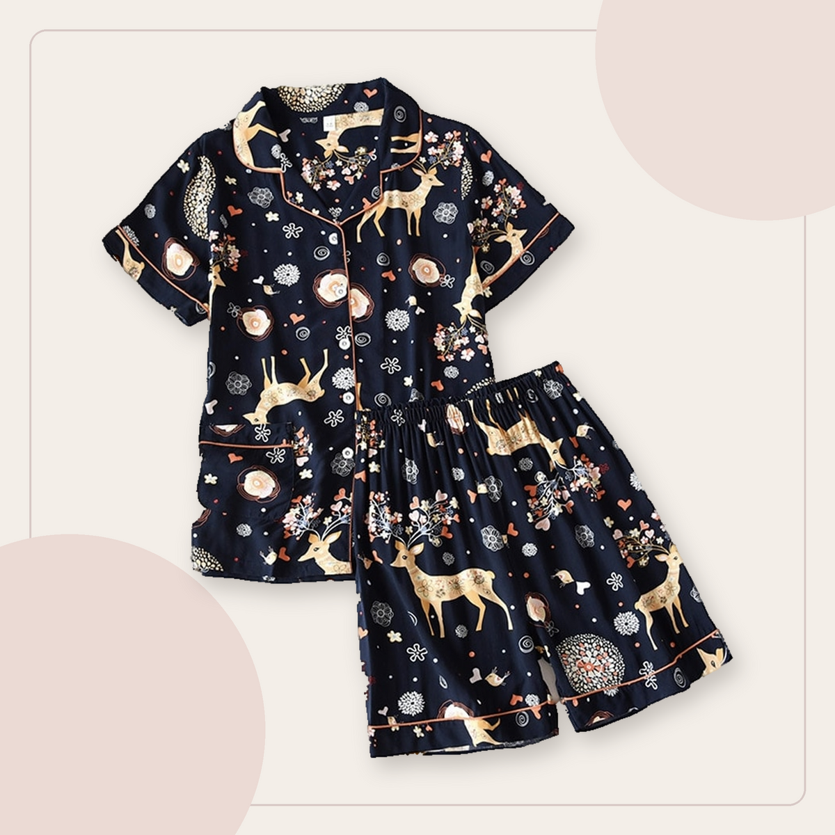 Pyjama d'été bleu nuit à motifs de cerfs et de fleurs
