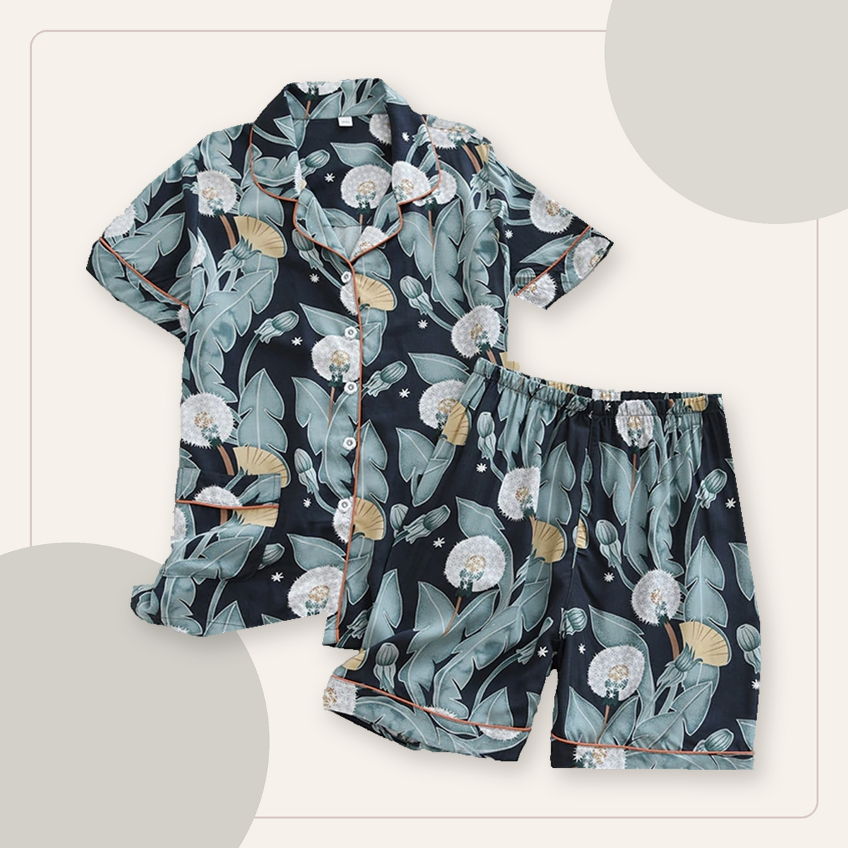 Pyjama d'été noir à imprimé végétal avec chemisette et short