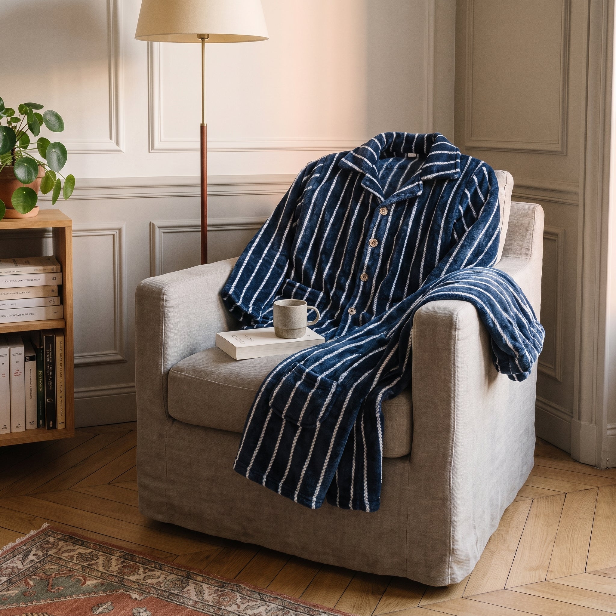 Veste de pyjama en flanelle rayée posée sur un fauteuil, col et boutons visibles Image