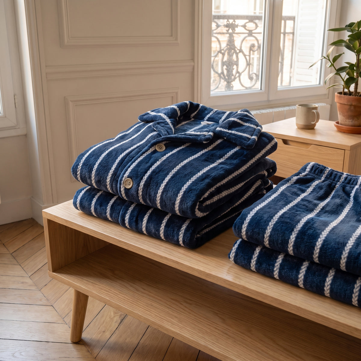 Pyjama en flanelle rayée plié en pile sur une étagère en bois clair Image