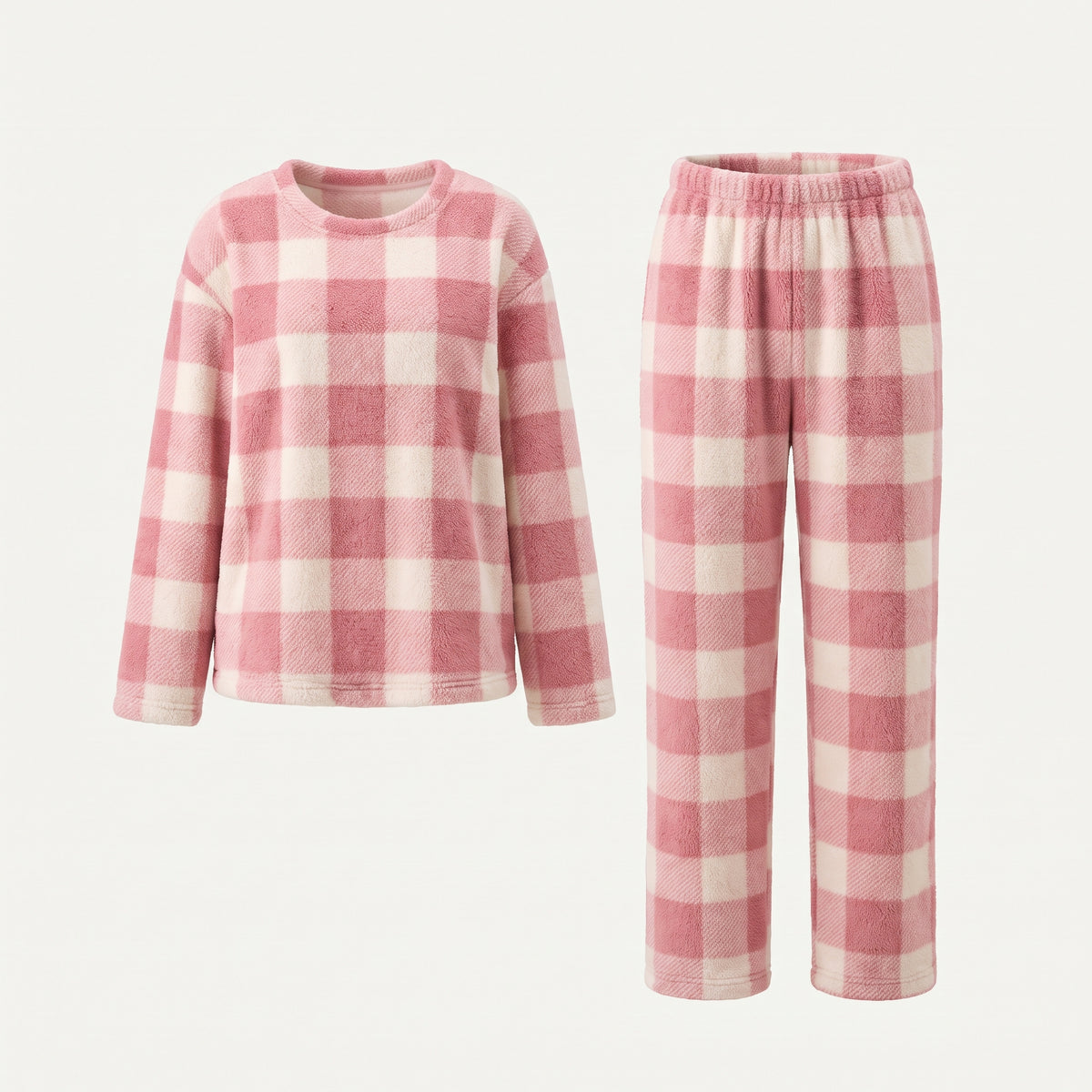 Pyjama d'hiver rose à carreaux pour femme présenté en vue ghost