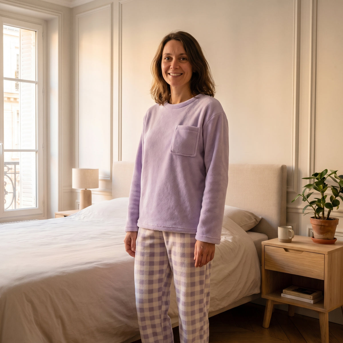 Femme portant le modèle lilas à col rond du pyjama d'hiver dans une chambre lumineuse