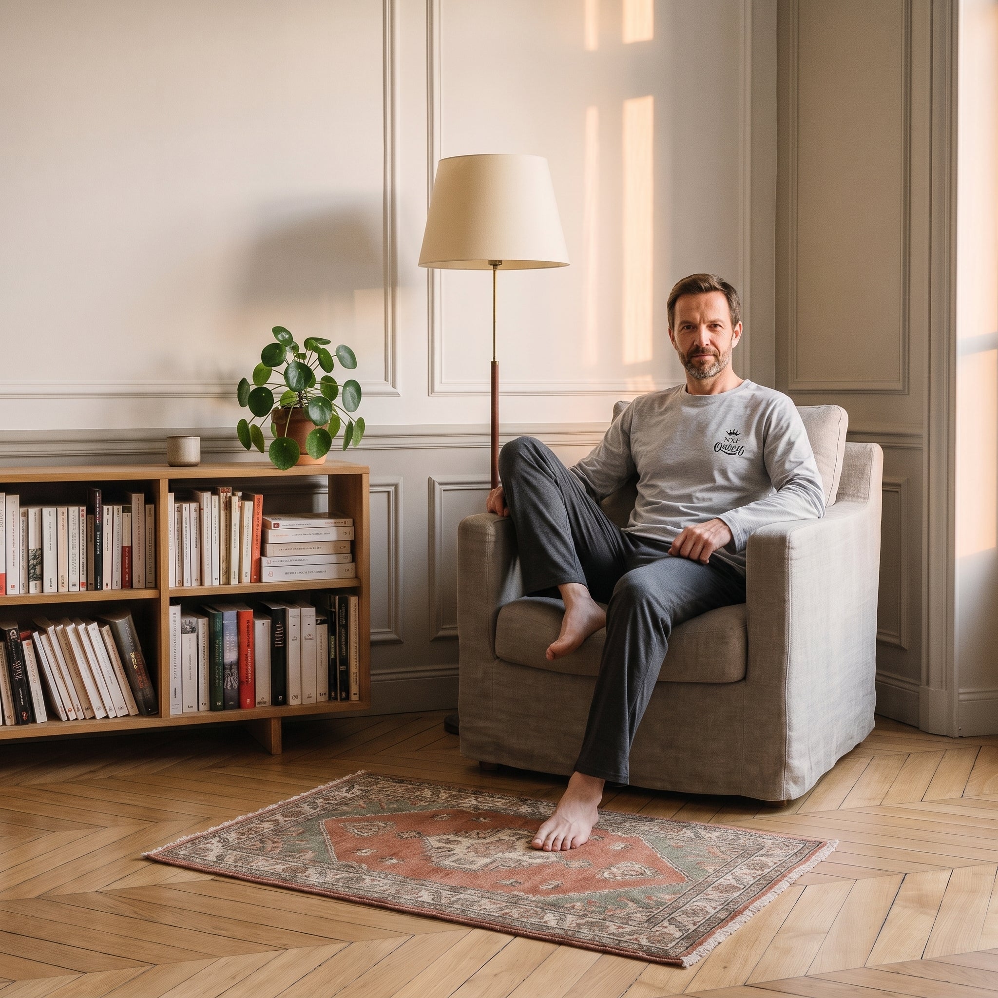 Pyjama homme gris clair porté assis dans le coin lecture Image