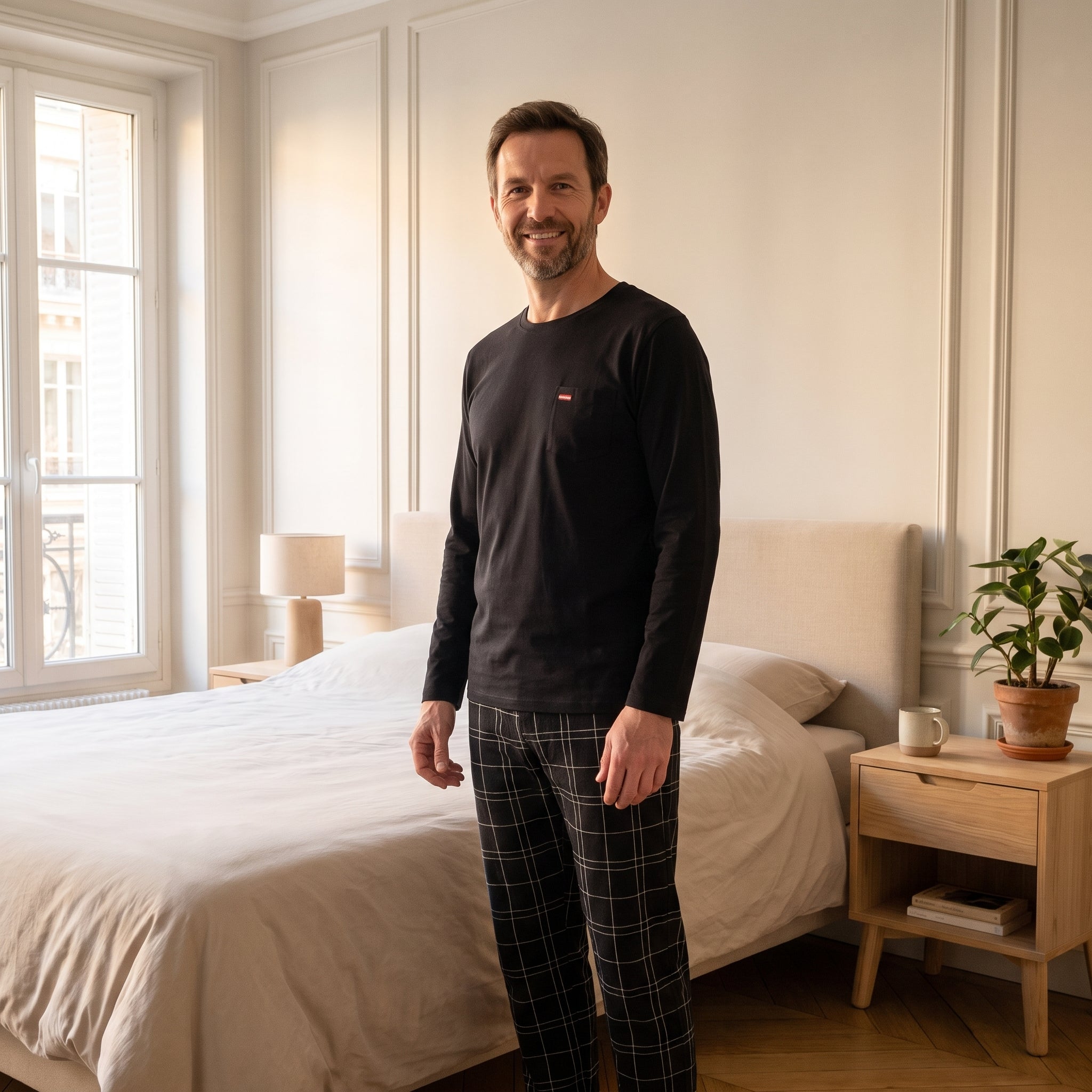 Homme en pyjama noir à poche assis pendant un moment calme chez lui Image