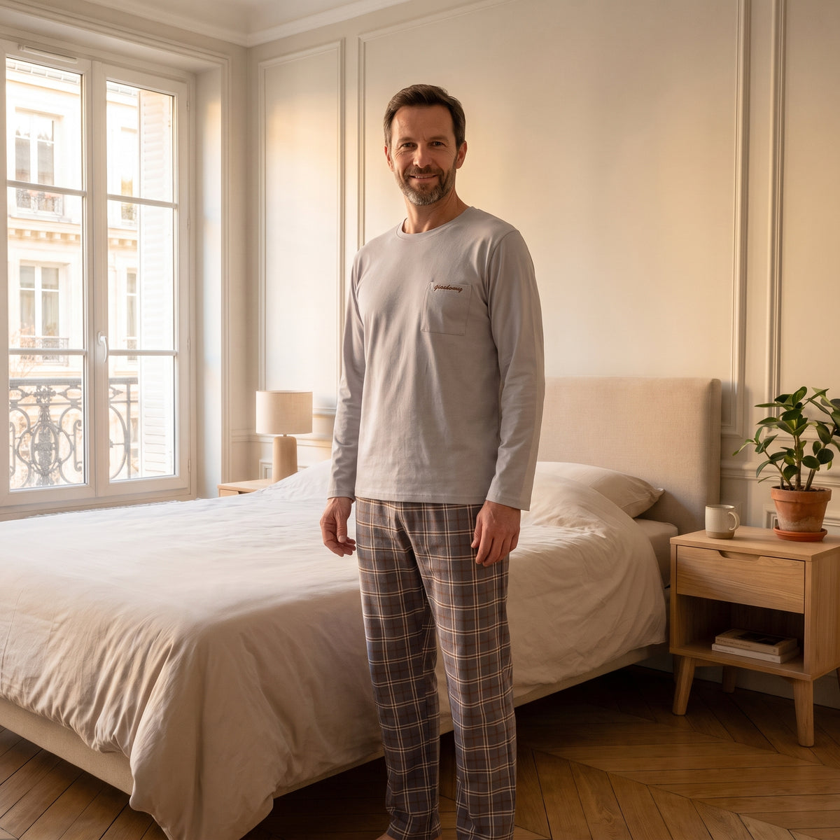 Homme portant le pyjama gris clair avec pantalon gris à carreaux