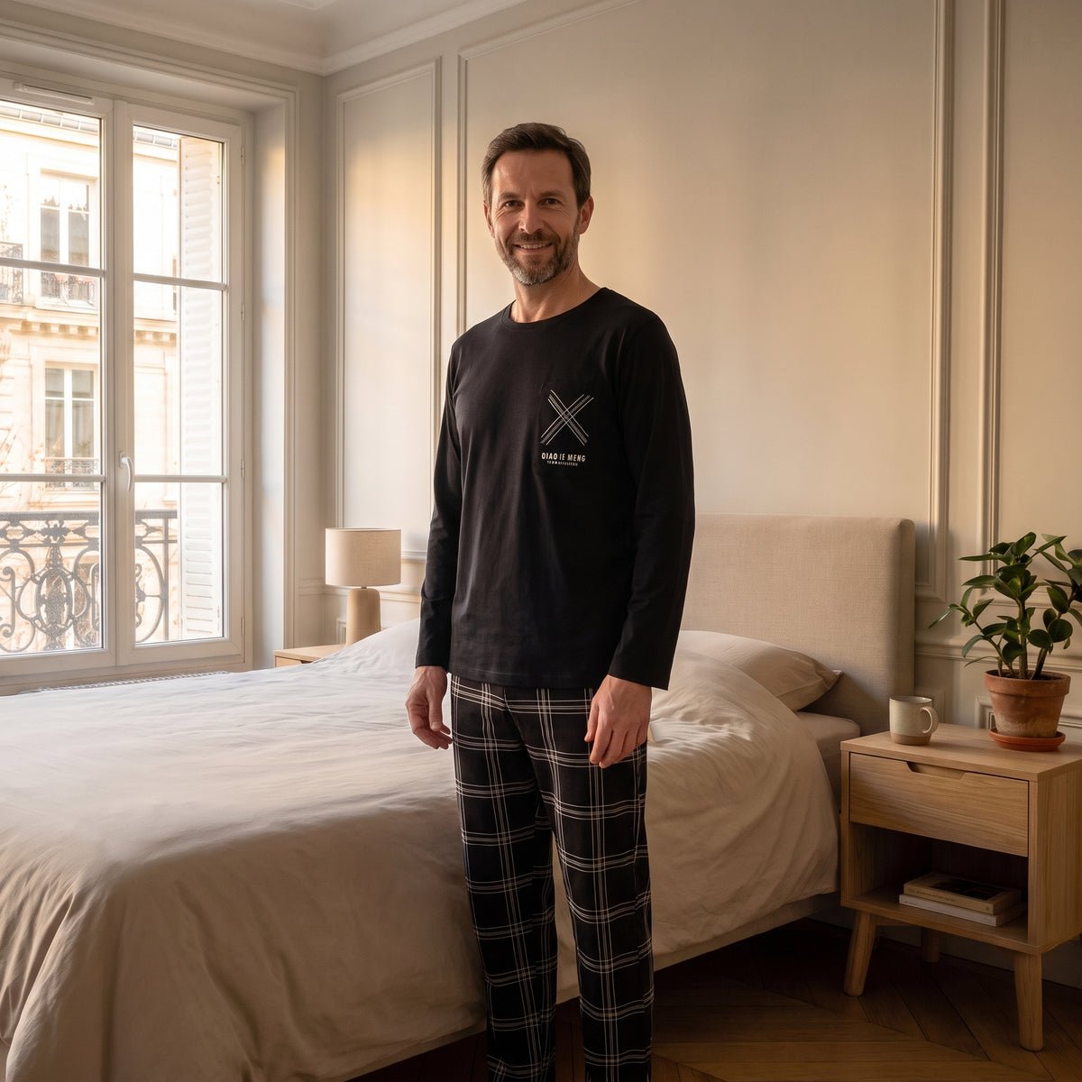 Homme portant le pyjama noir graphique avec pantalon noir à carreaux