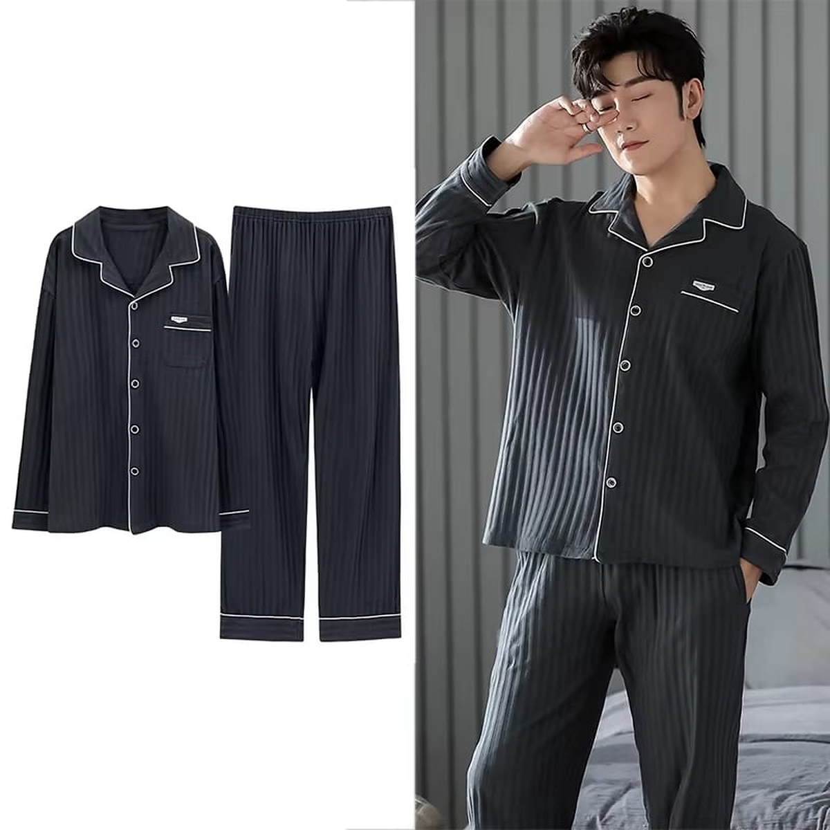Pyjama homme noir effet rayé sur fond blanc et une photo d'un homme qui porte ce pyjama, une main dans la poche en se frottant un oeil.