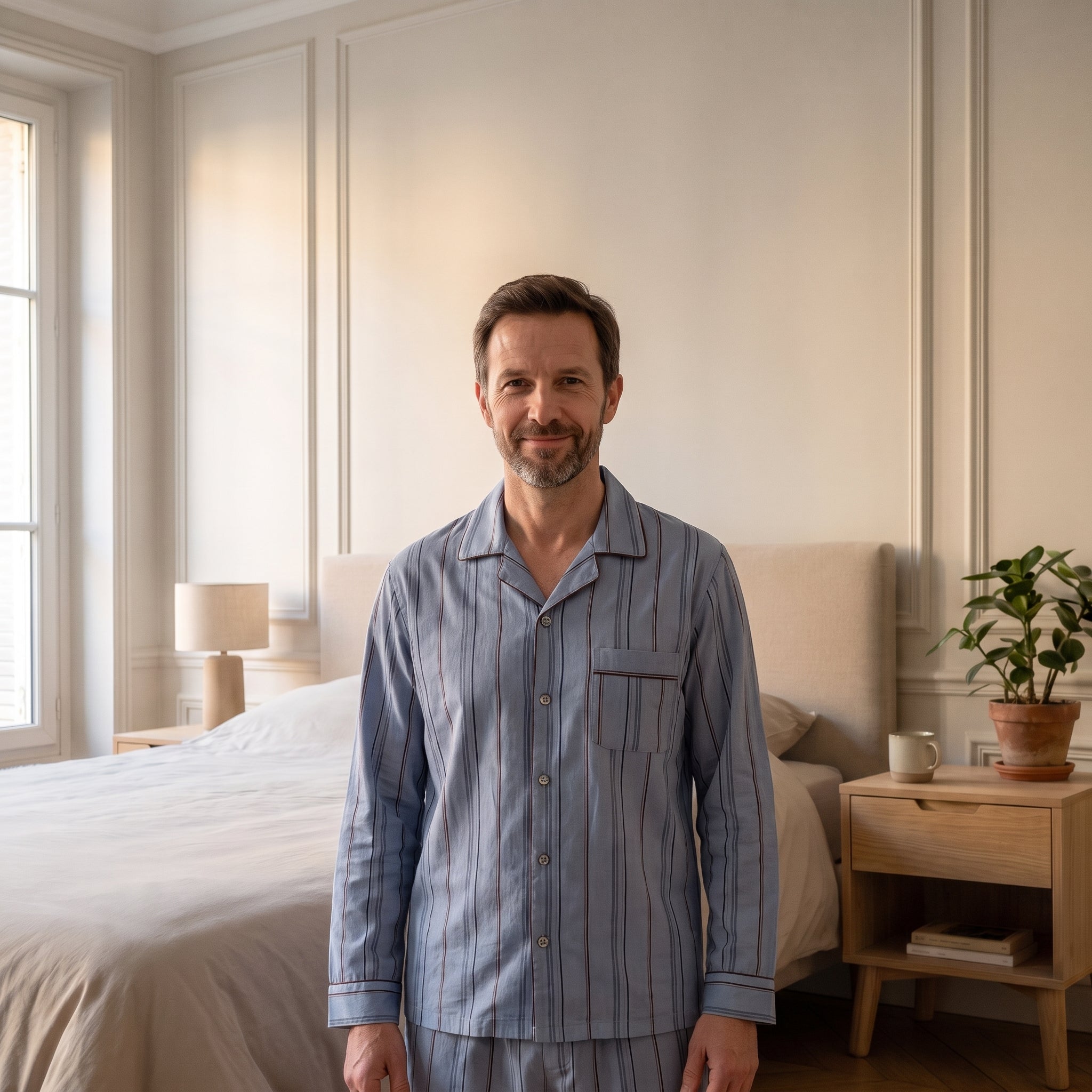 Vue rapprochée du col ouvert et de la veste du pyjama homme bleu rayé Image