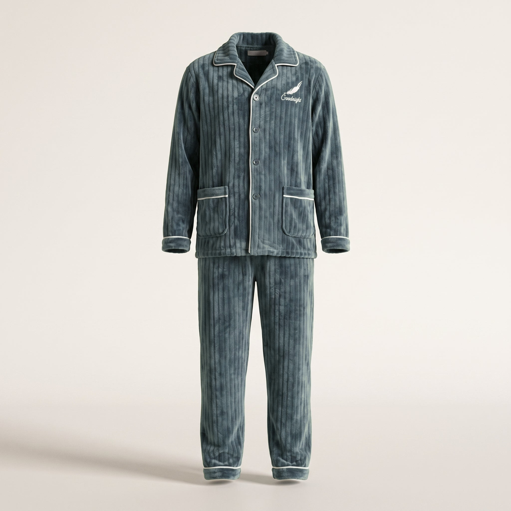 Pyjama homme peluche vert sapin deux pièces présenté sur mannequin invisible, fond ivoire