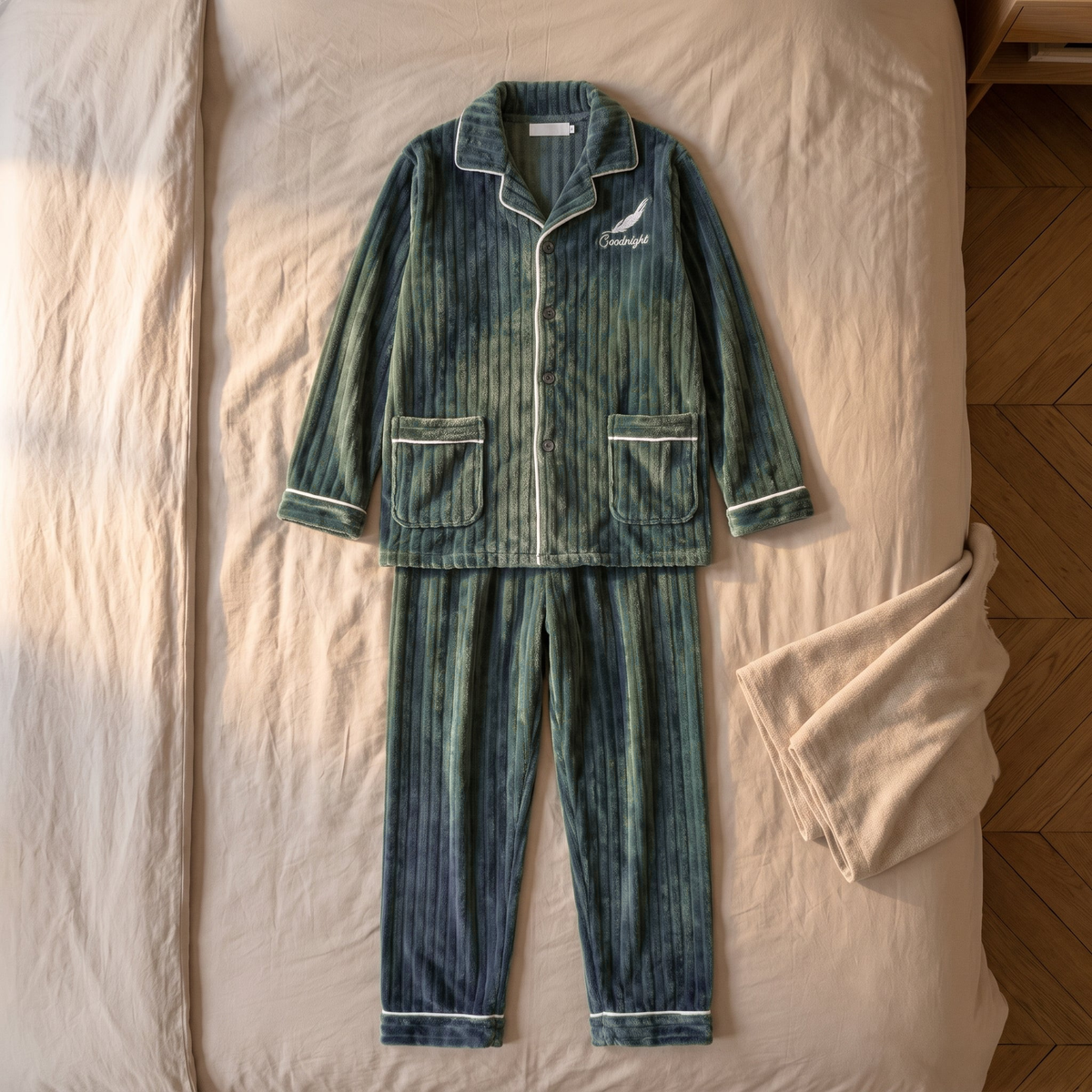 Le pyjama homme vert sapin posé à plat sur le lit, veste et pantalon dépliés