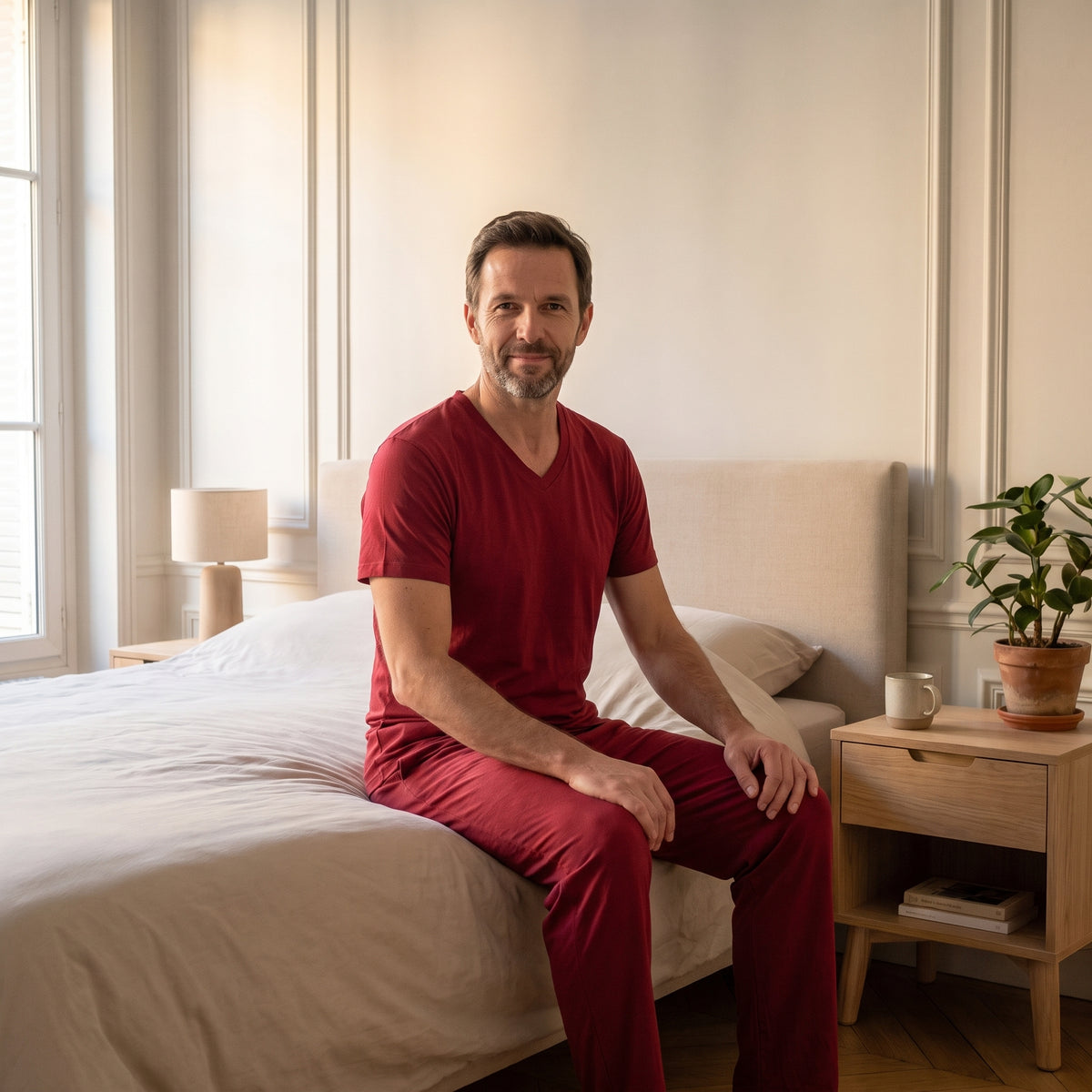 Homme portant le pyjama rouge dans la chambre Image