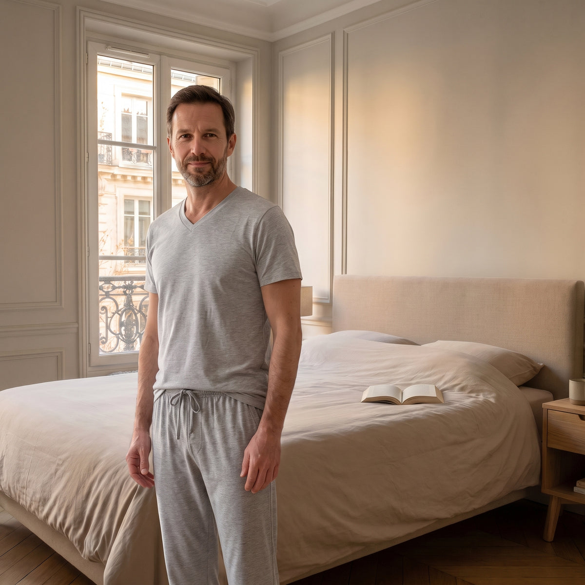Homme portant le pyjama gris dans la chambre Image