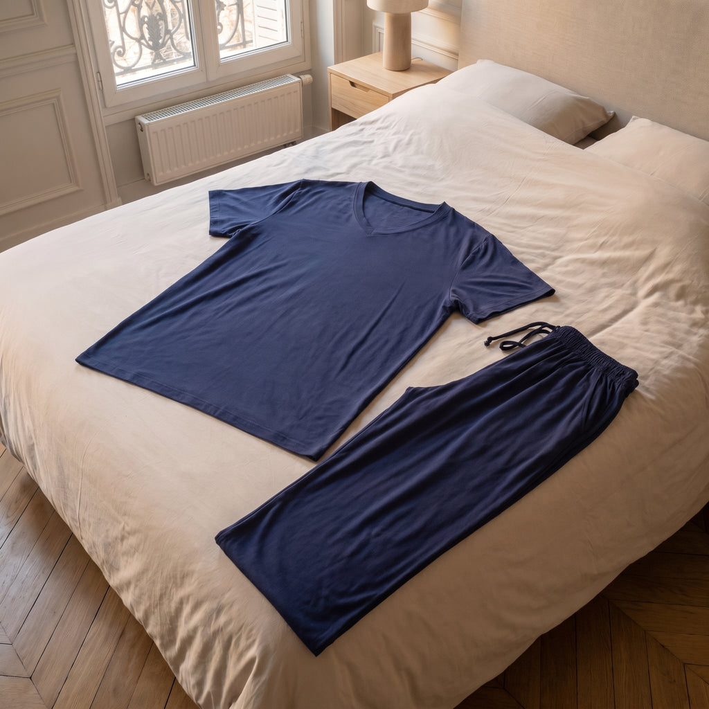 Pyjama homme bleu marine posé sur le lit de la chambre