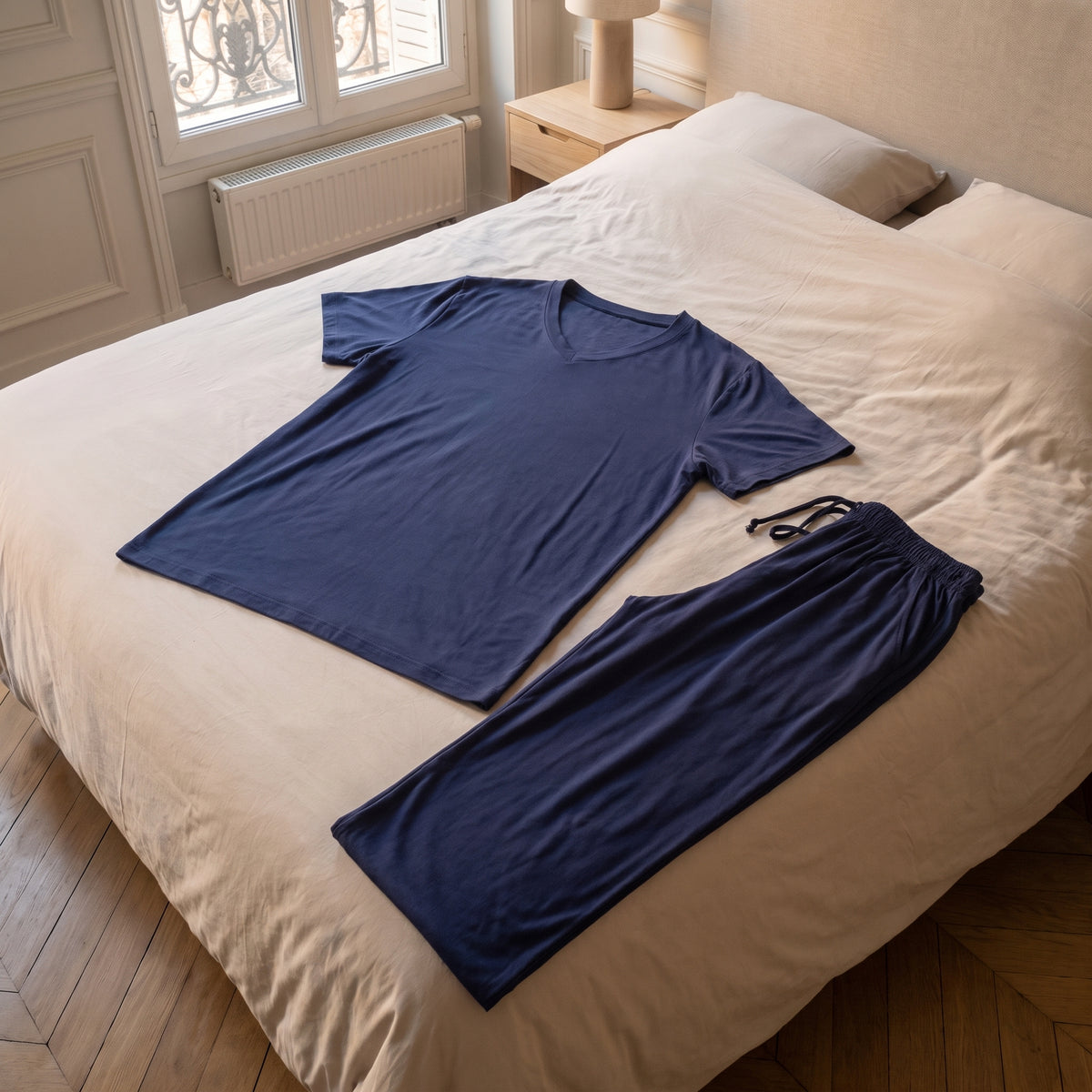 Pyjama homme bleu marine posé sur le lit de la chambre