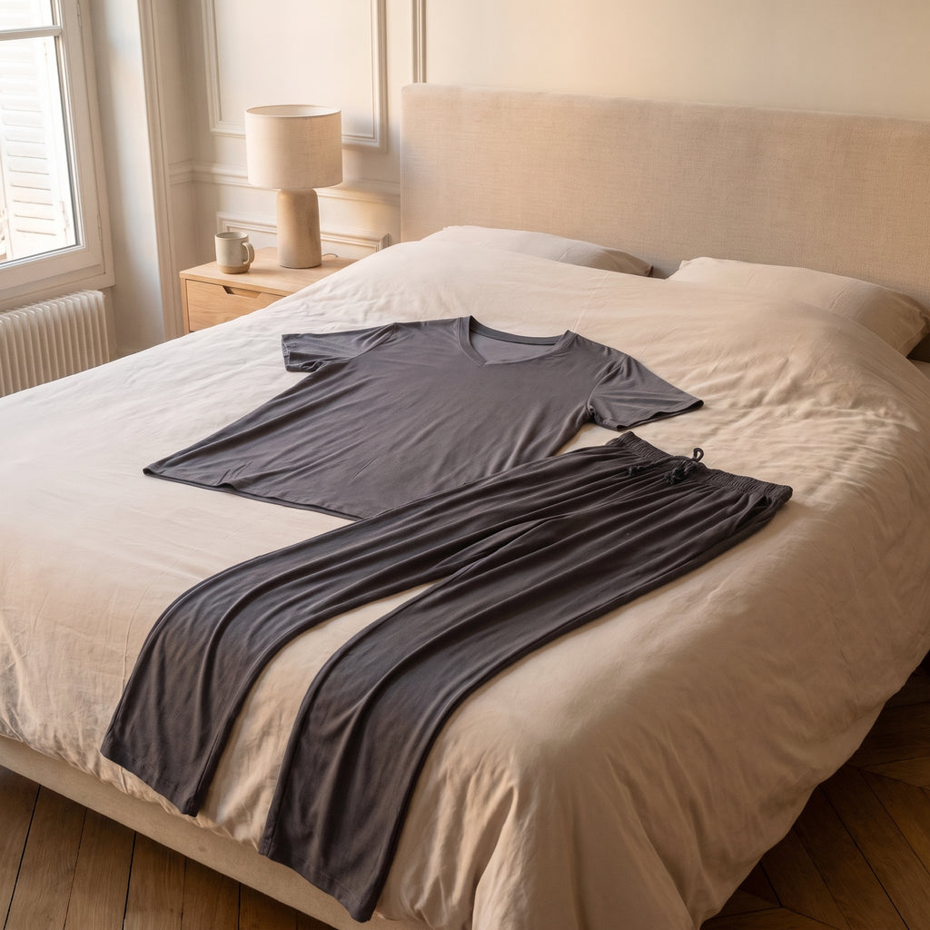 Pyjama homme gris foncé posé sur le lit de la chambre