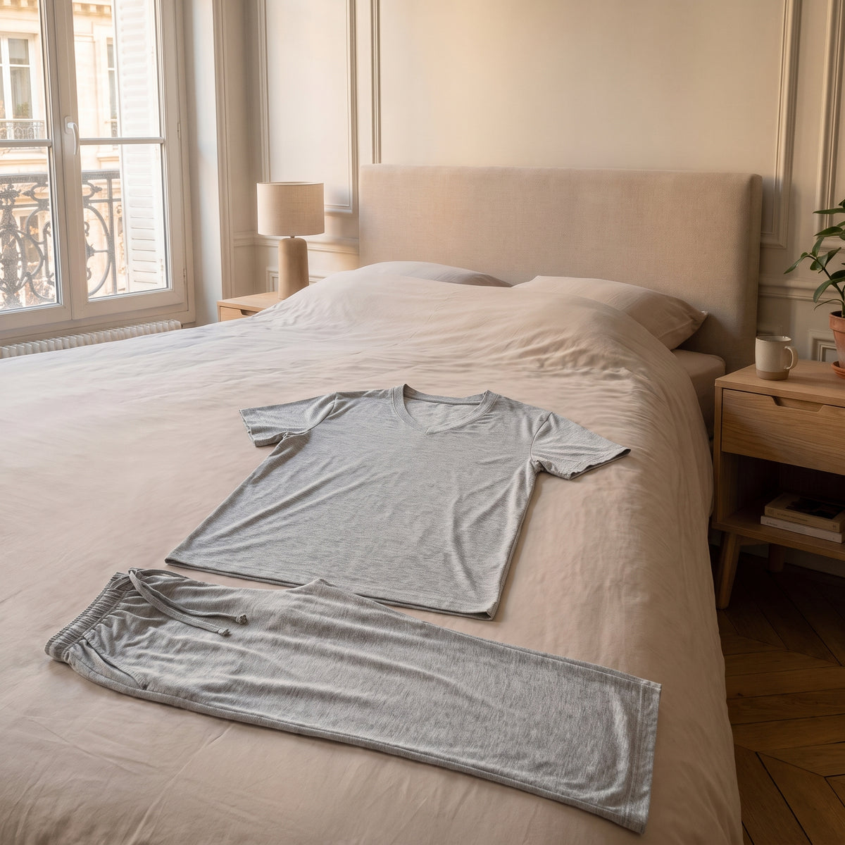 Pyjama homme gris posé sur le lit de la chambre