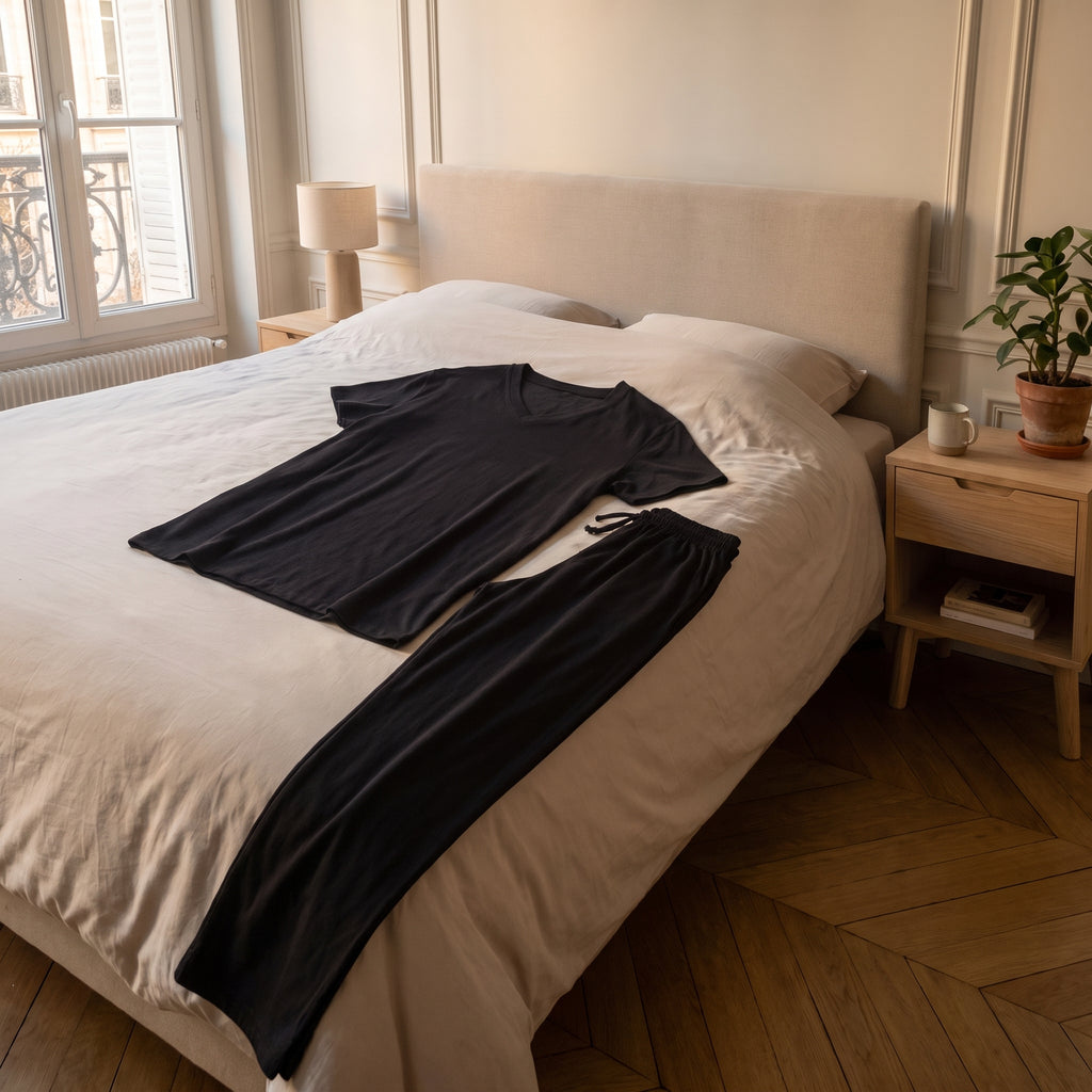 Pyjama homme noir posé sur le lit de la chambre