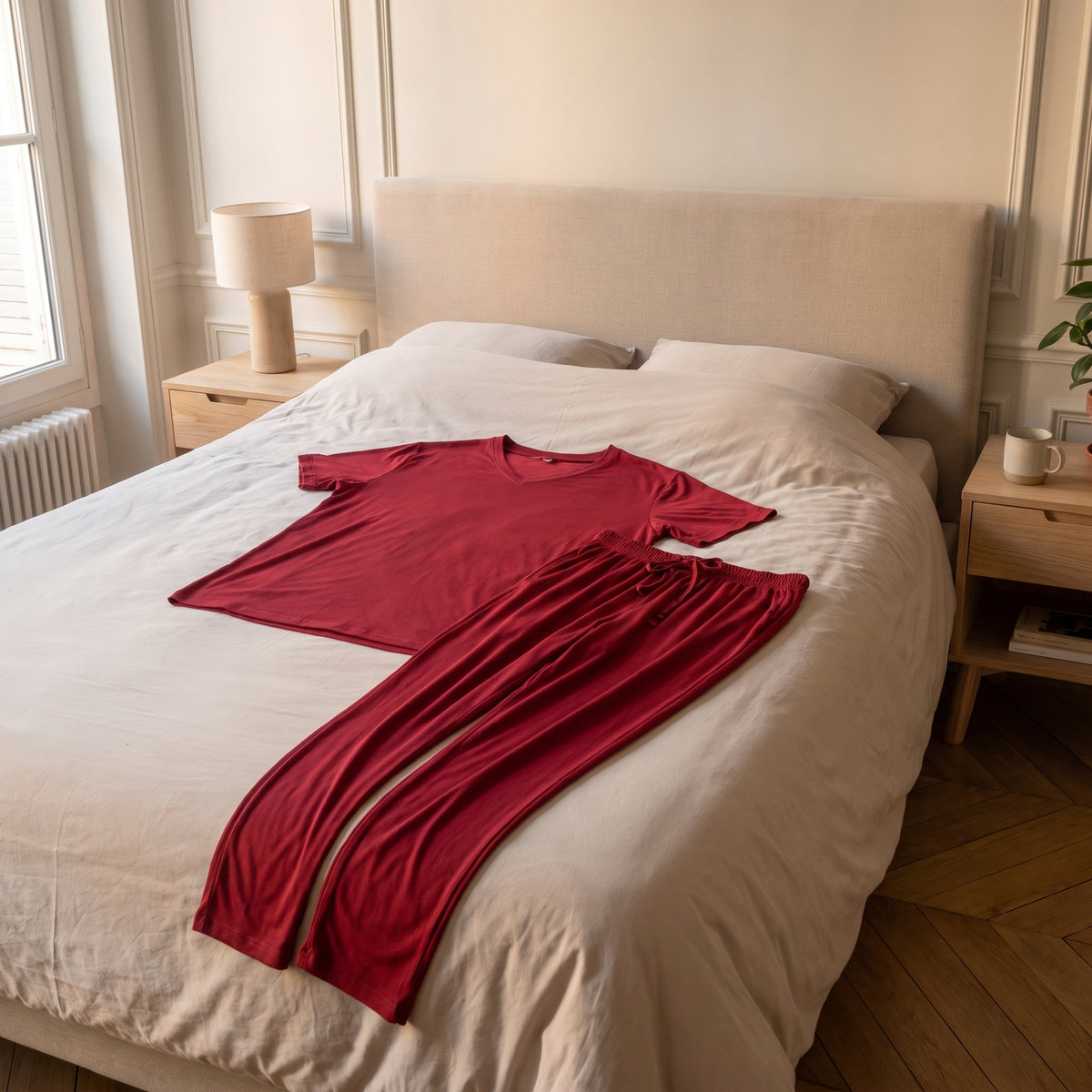 Pyjama homme rouge posé sur le lit de la chambre