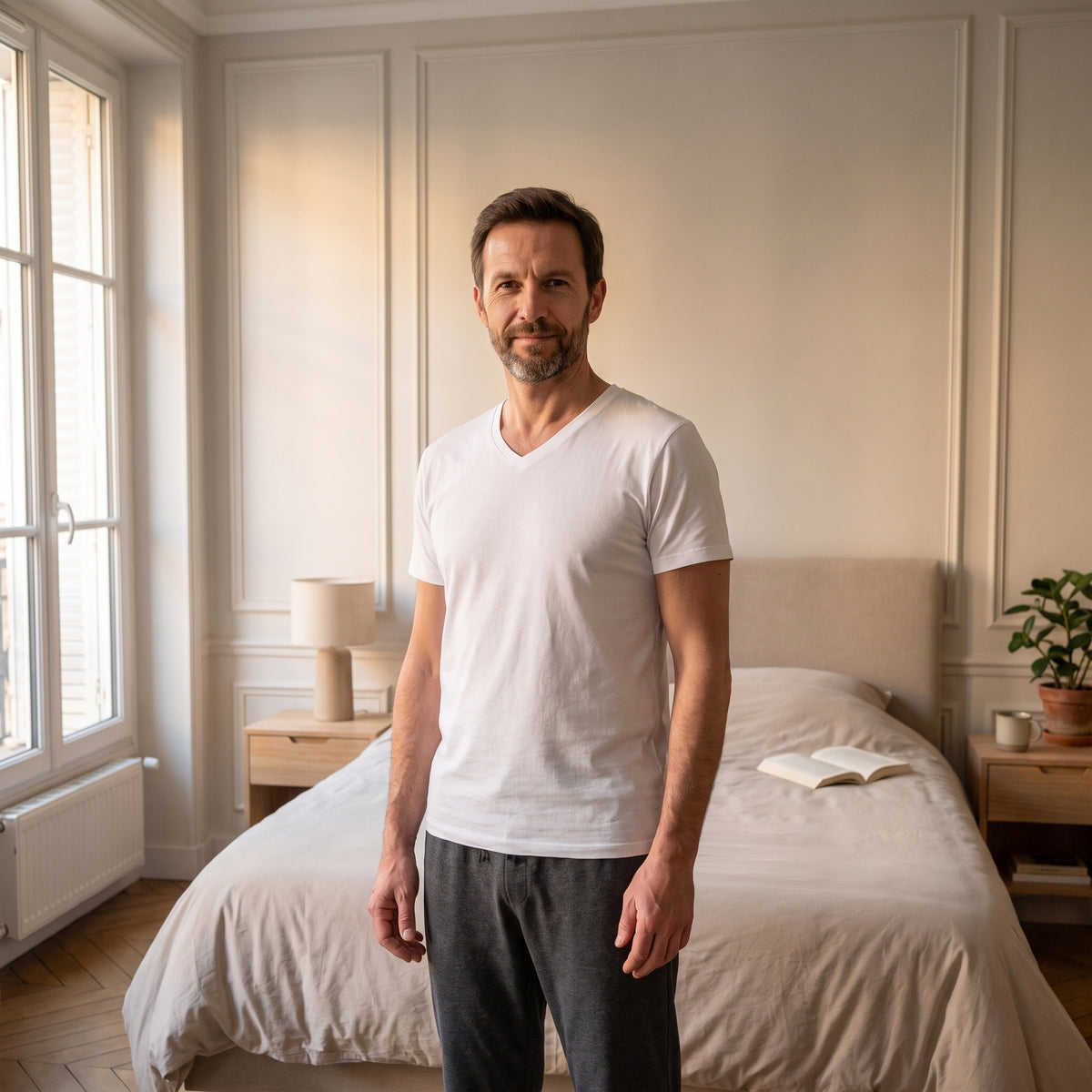 Pyjama homme blanc et gris porté dans la chambre