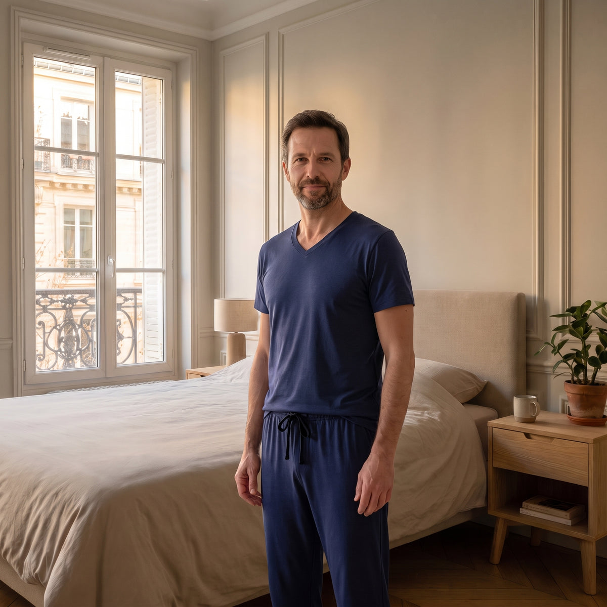 Pyjama homme bleu marine porté dans la chambre