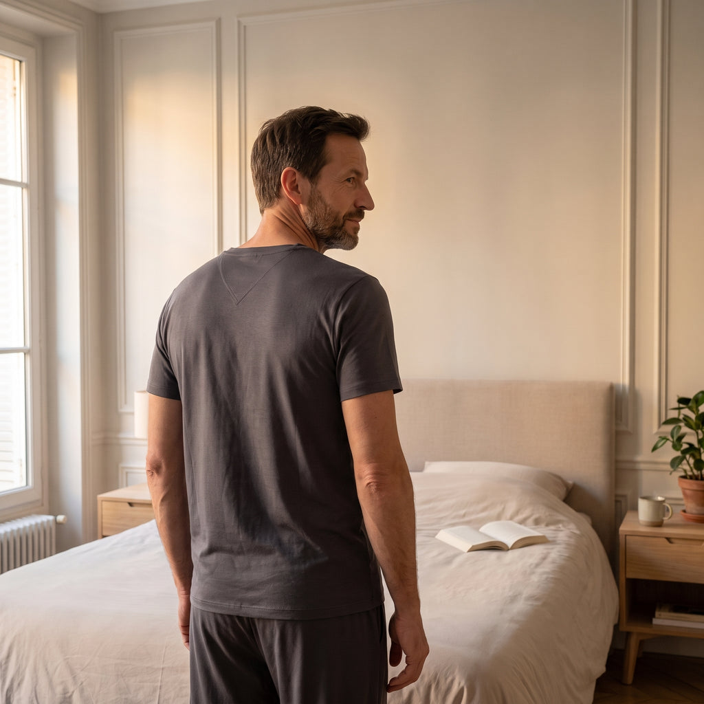 Pyjama homme gris foncé porté dans la chambre
