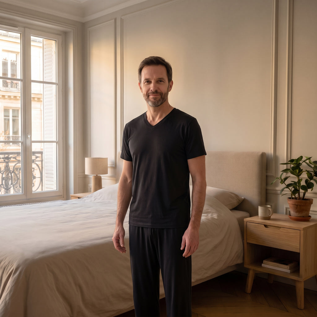 Pyjama homme noir porté dans la chambre
