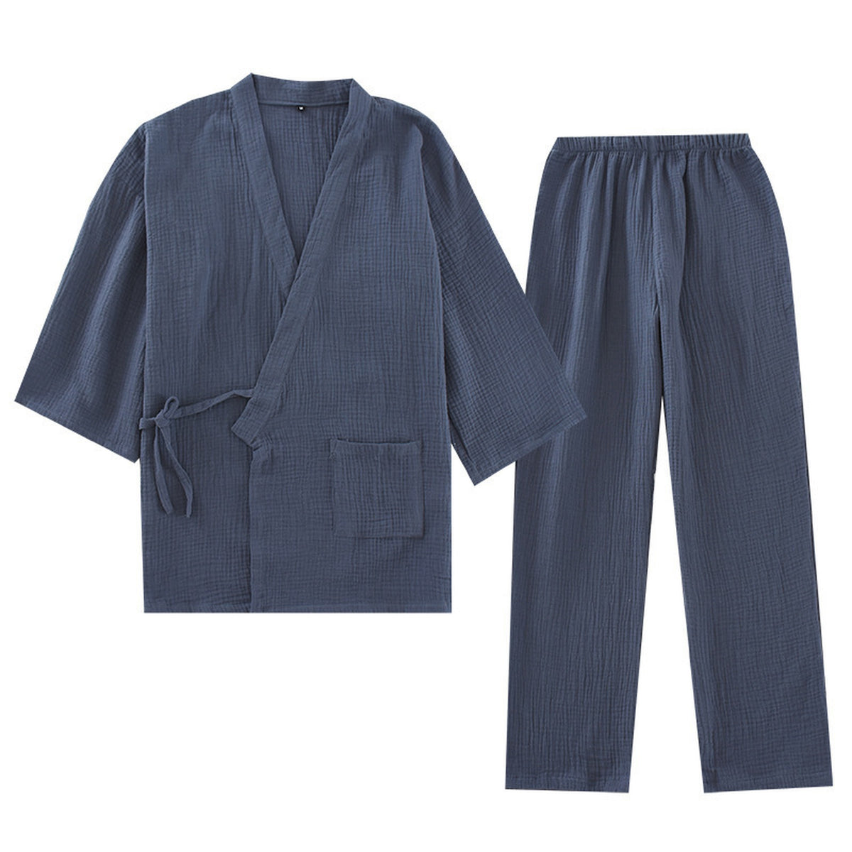 Pyjama kimono homme bleu en gaze de coton vu de face, haut croisé à poche et pantalon long